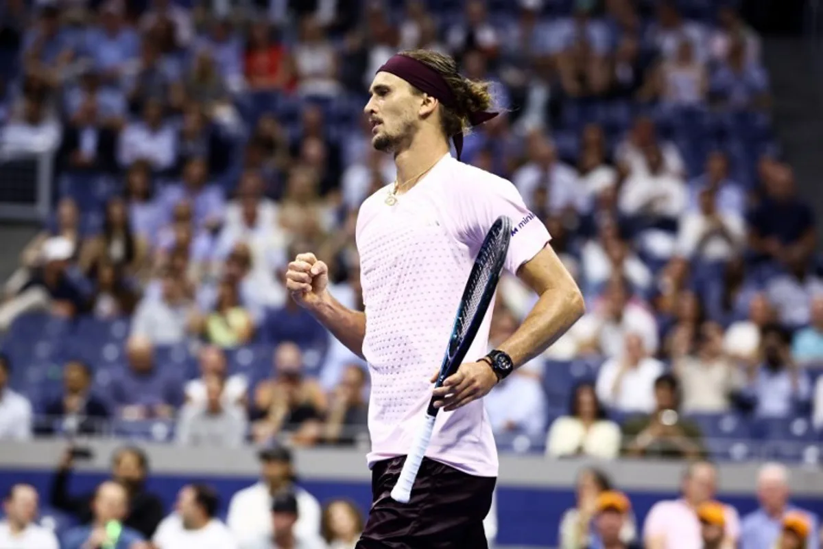 Germany's Alexander Zverev celebrates deafeating Netherlands' Botic van de Zandschulp during the men's singles quarter-final tennis match on day eleven of the US Open tennis tournament at the USTA Billie Jean King National Tennis Center in New York City on September 9, 2026.  CHARLY TRIBALLEAU / AFP