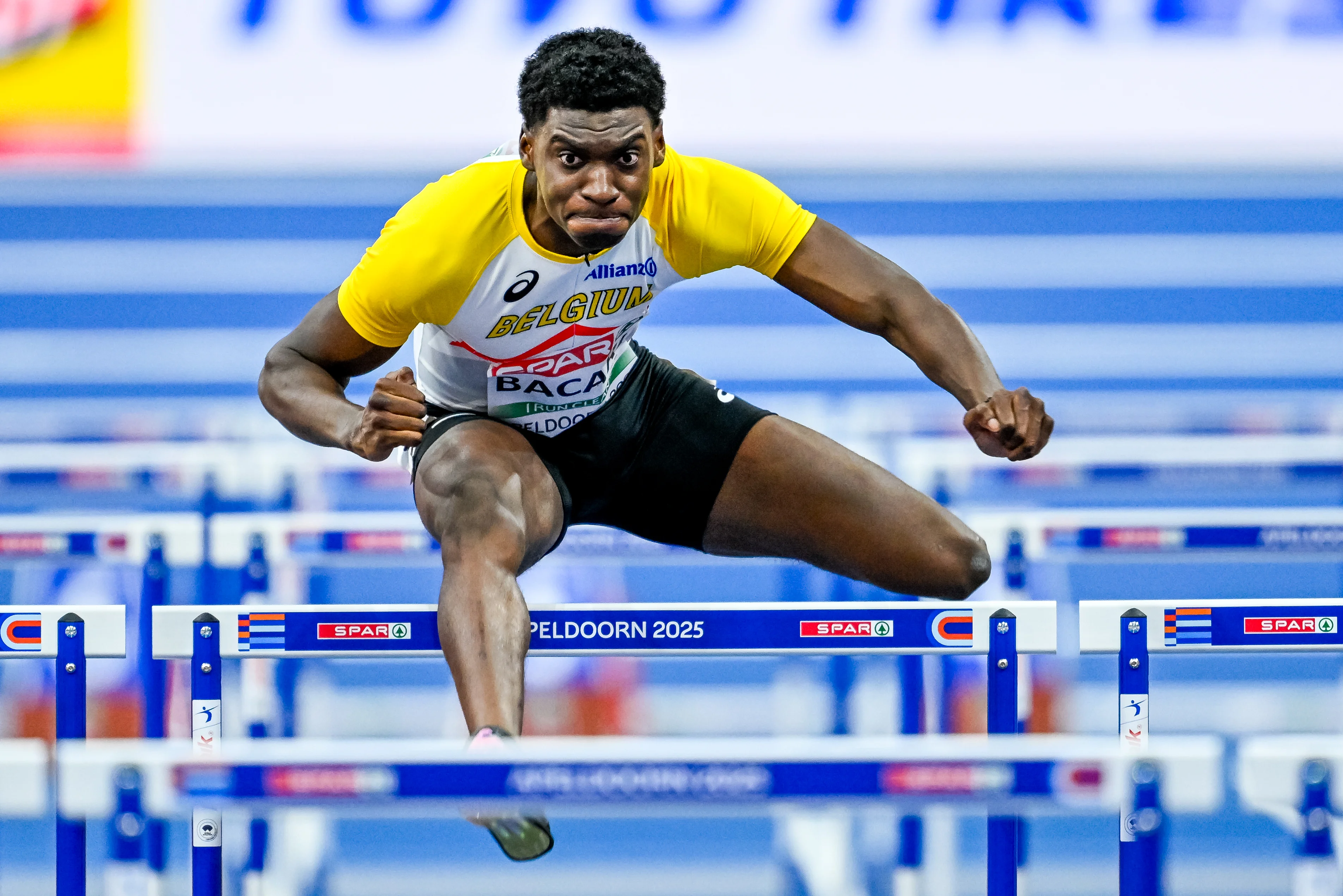 Belgian athlete Elie Bacari pictured in action during the men's 60m hurdles, at the European Athletics Indoor Championships, in Apeldoorn, The Netherlands, Thursday 06 March 2025. The championships take place from 6 to 9 March. BELGA PHOTO ERIC LALMAND