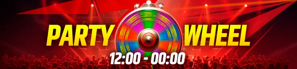 From 12:00 to 00:00, the Party Wheel is spinning just for you! Win bonus money, Free Spins, deposit bonuses....