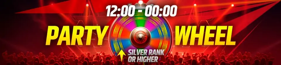 Every Saturday between 12:00 and 00:00 the Party Wheel is spinning for you! Win Free Spins...