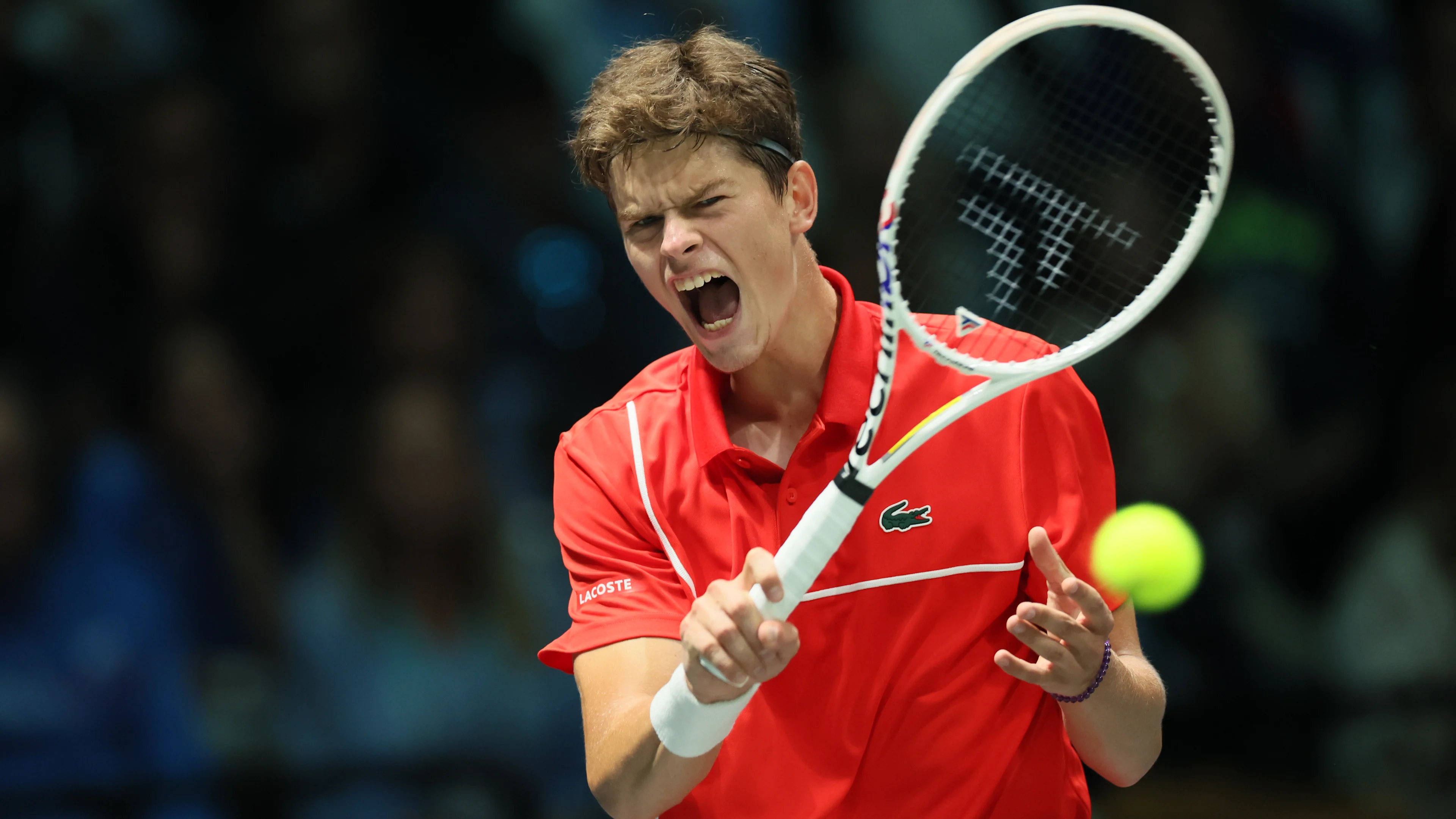 Belgian Alexander Blockx reacts during a game between Italian Berrettini and Belgian Blockx, the first match in the group A Davis Cup Finals group stage between Italy and Belgium, Friday 13 September 2024, at the Unipol Arena, in Bologna, Italy. BELGA PHOTO BENOIT DOPPAGNE