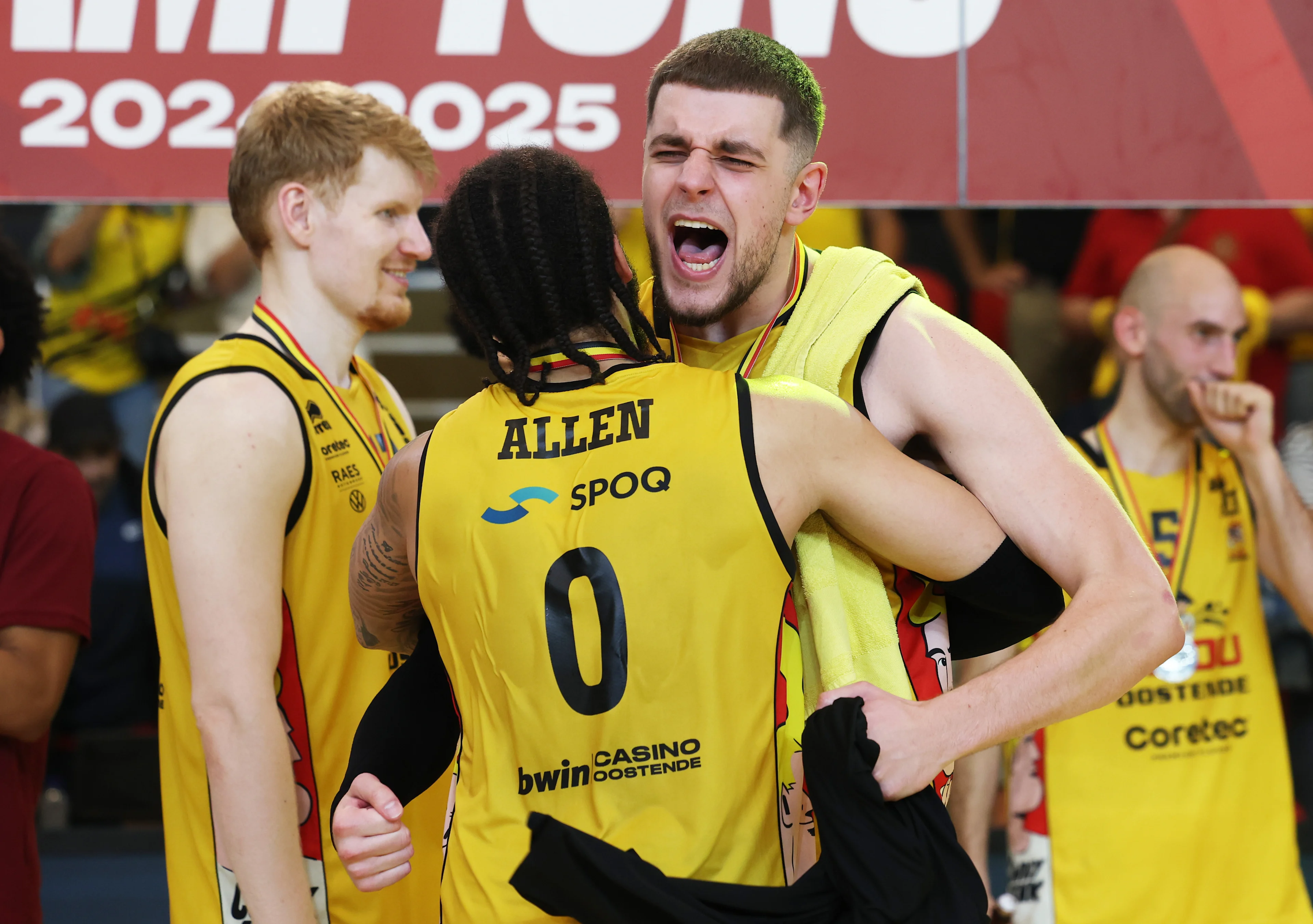 Oostende's Timmy Allen and Oostende's Haris Bratanovic celebrate after winning the Belgian BNXT championship, Saturday 07 June 2025 in Oostende. BC Oostende defeats Kangoeroes Mechelen 100-76 in the fourth game of the best-of-5 finals in the playoffs of the 'BNXT League' Belgian/ Dutch first division basket championship. BELGA PHOTO KURT DESPLENTER