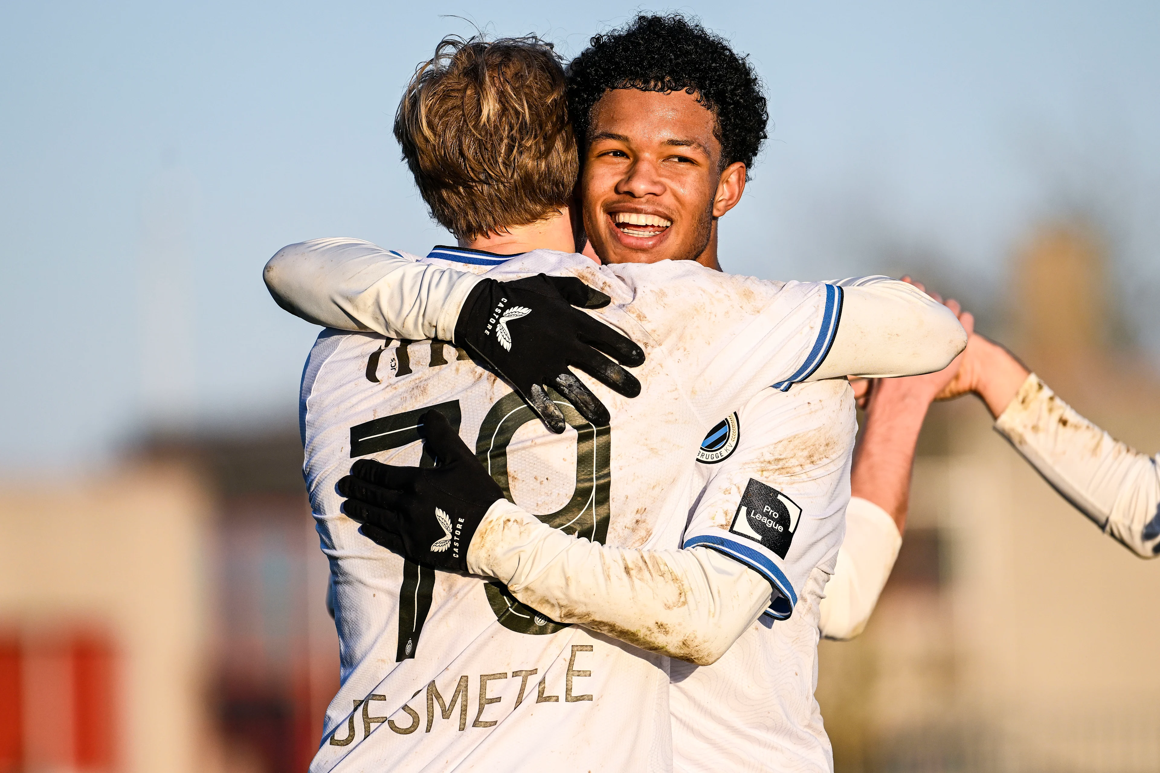 Club's Lenn De Smet and Club's Shandre Campbell celebrate after scoring during a soccer match between RSCA Futures (U21) and Club NXT, Saturday 01 February 2025 in Deinze, on day 20 of the 2024-2025 'Challenger Pro League' second division of the Belgian championship. BELGA PHOTO TOM GOYVAERTS