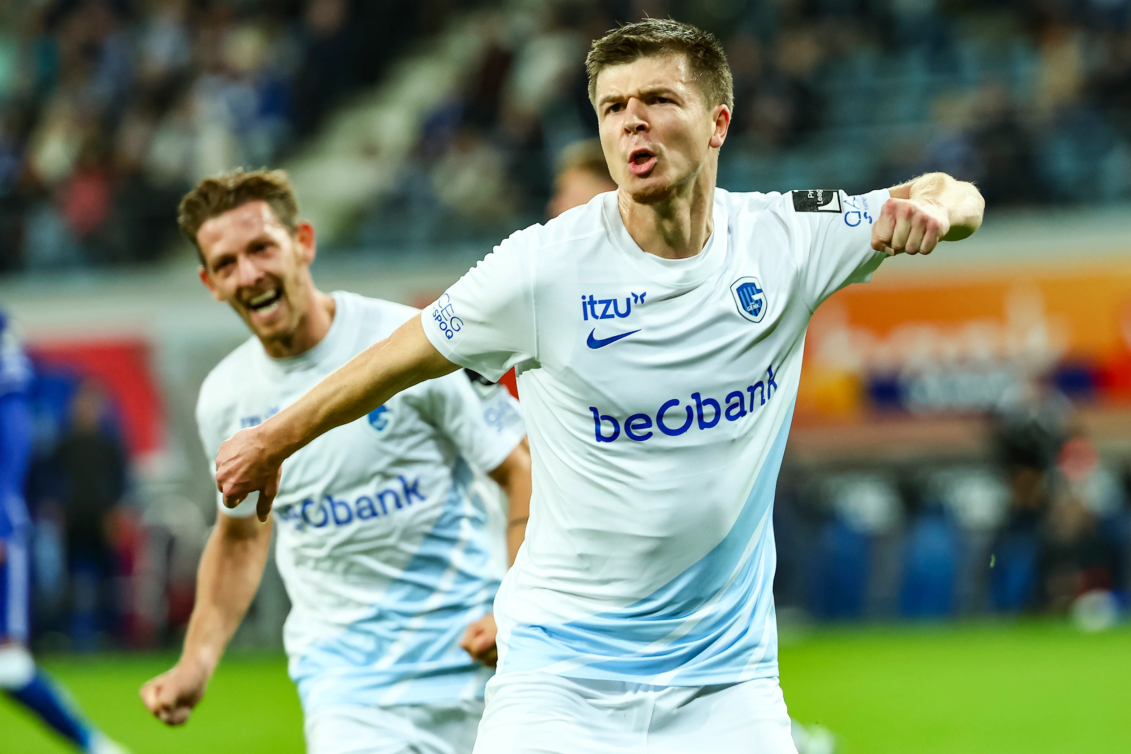 Genk's Jarne Steuckers celebrates after scoring during a soccer match between KAA Gent and KRC Genk, Sunday 27 October 2024 in Ghent, on day 12 of the 2024-2025 season of the 'Jupiler Pro League' first division of the Belgian championship. BELGA PHOTO DAVID PINTENS