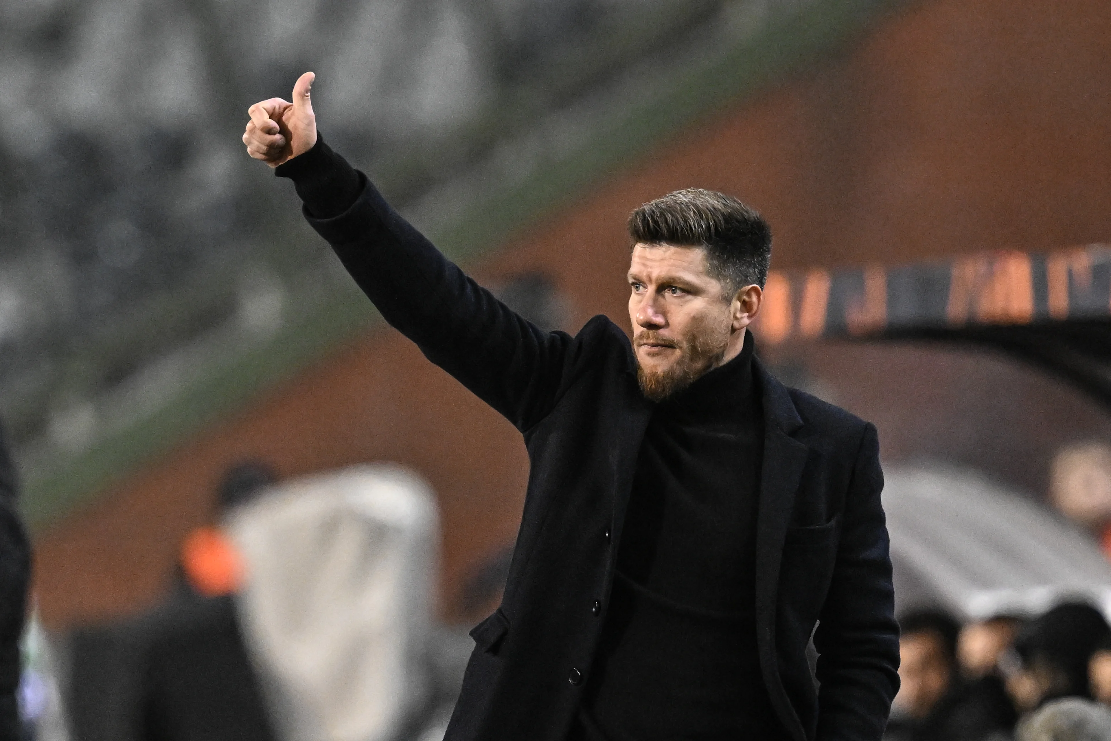 Union's head coach Sebastien Pocognoli pictured during a soccer game between Belgian soccer team Royale Union Saint-Gilloise and French OGC Nice, on Thursday 12 December 2024 in Brussels, on day 6/8 of the League phase of the UEFA Europa League tournament. BELGA PHOTO BRUNO FAHY