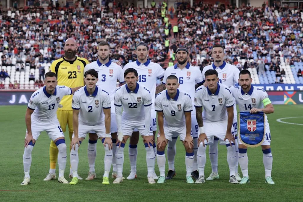 Serbia's players pose for a team picture before the UEFA Nations League Group A2 football match between Serbia and Netherlands at the Rajko Mitic stadium in Belgrade on September 27, 2026. Pedja Milosavljevic / AFP