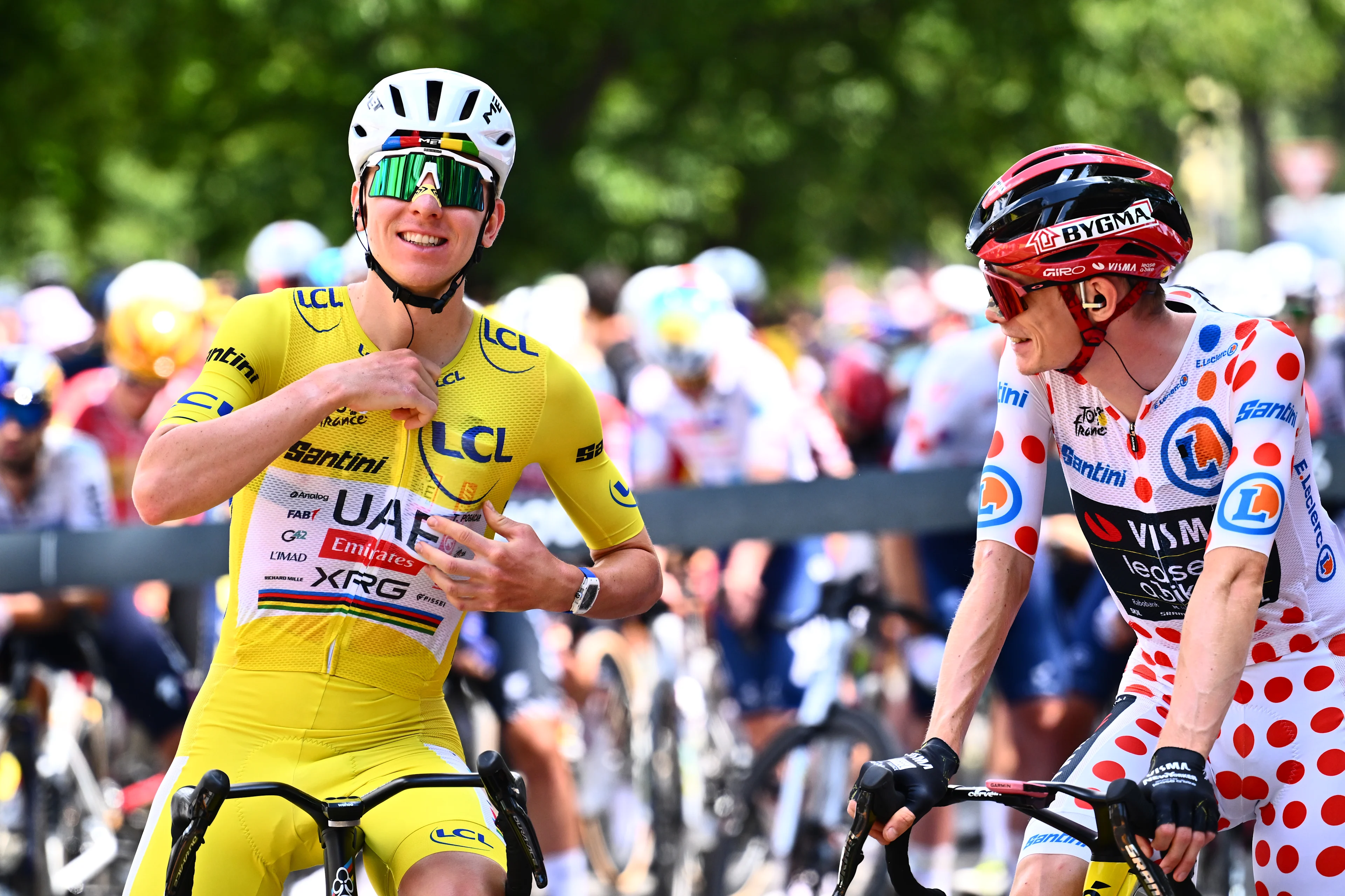 Slovenian Tadej Pogacar of UAE Team Emirates XRG and Danish Jonas Vingegaard of Team Visma-Lease a Bike are pictured before stage 14 of the 2026 Tour de France cycling race, a stage of 155km from Mulhouse to Le Markstein Fellering, on Saturday 18 July 2026. The 113th edition of the Tour de France starts on Saturday 4 July in Barcelona, Spain, and will finish in Paris, France on the 26th of July. BELGA PHOTO POOL GREGORY VAN GANSEN