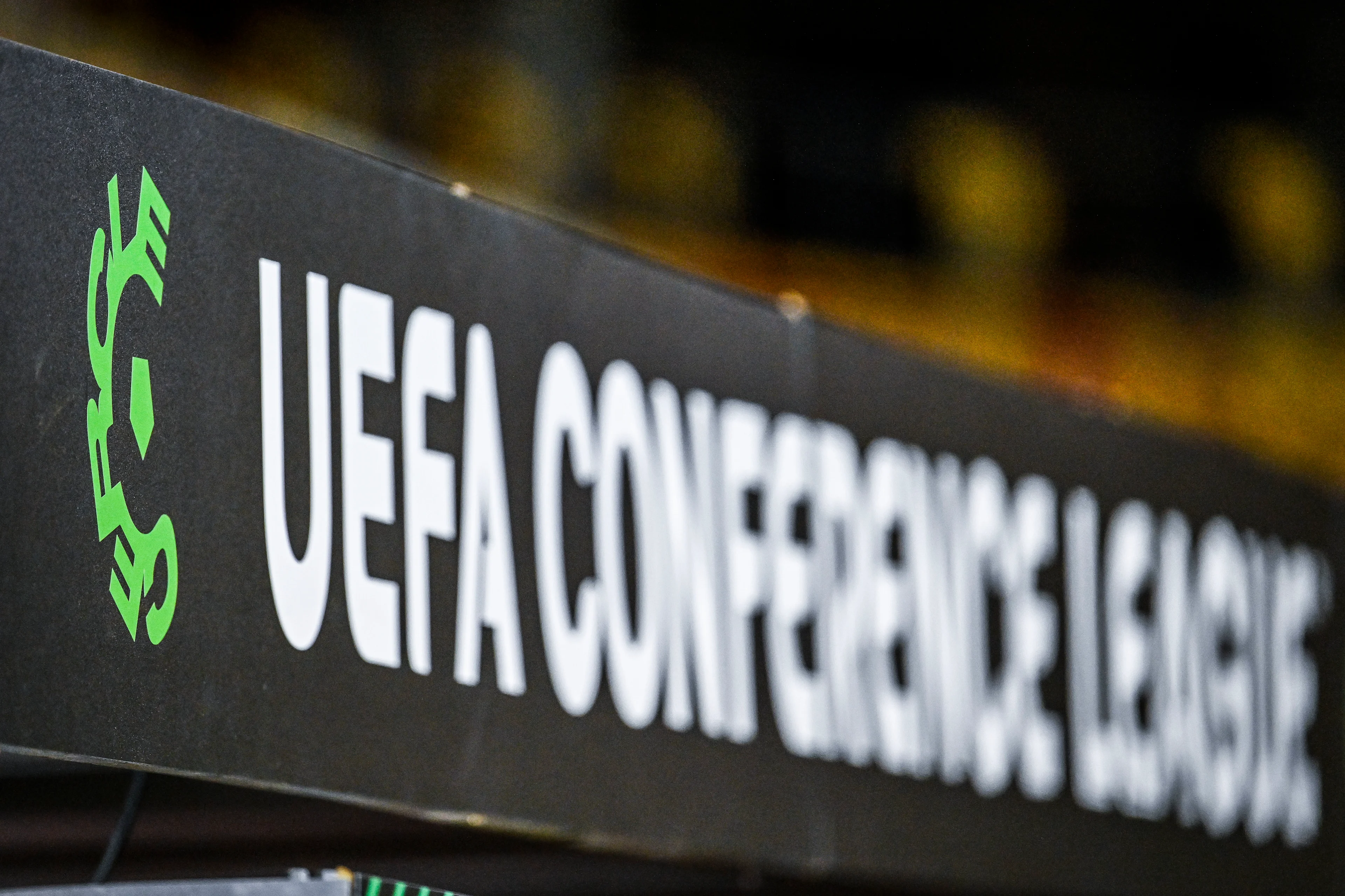 UEFA Conference League banner before a press conference of Belgian soccer team Cercle Brugge KSV, Wednesday 05 March 2025 in Bialystok, Poland. Tomorrow Cercle will play Polish Jagiellonia Bialystok in the first leg of the round of 16 of the UEFA Conference League tournament. BELGA PHOTO TOM GOYVAERTS