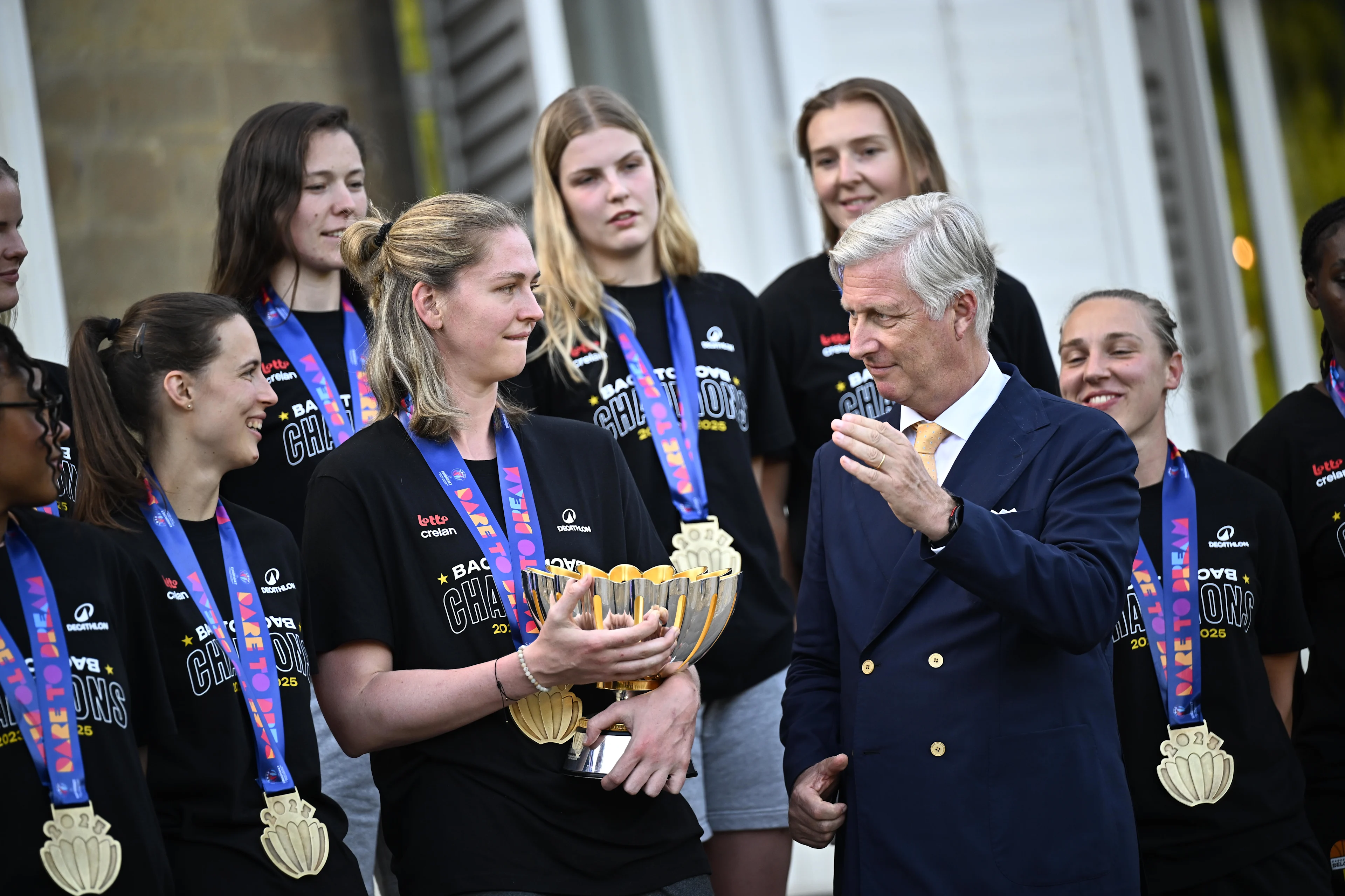 Belgium's captain Emma Meesseman and King Philippe - Filip of Belgium pictured at a reception to congratulate Belgian national women basket team 'the Belgian Cats', who won yesterday's European Championship final, Monday 30 June 2025, at the Royal Castle in Laken/ Laeken, Brussels. Yesterday the Cats successfully defended their European title, beating Spain in the final of the FIBA Women's EuroBasket 2025. BELGA PHOTO JASPER JACOBS