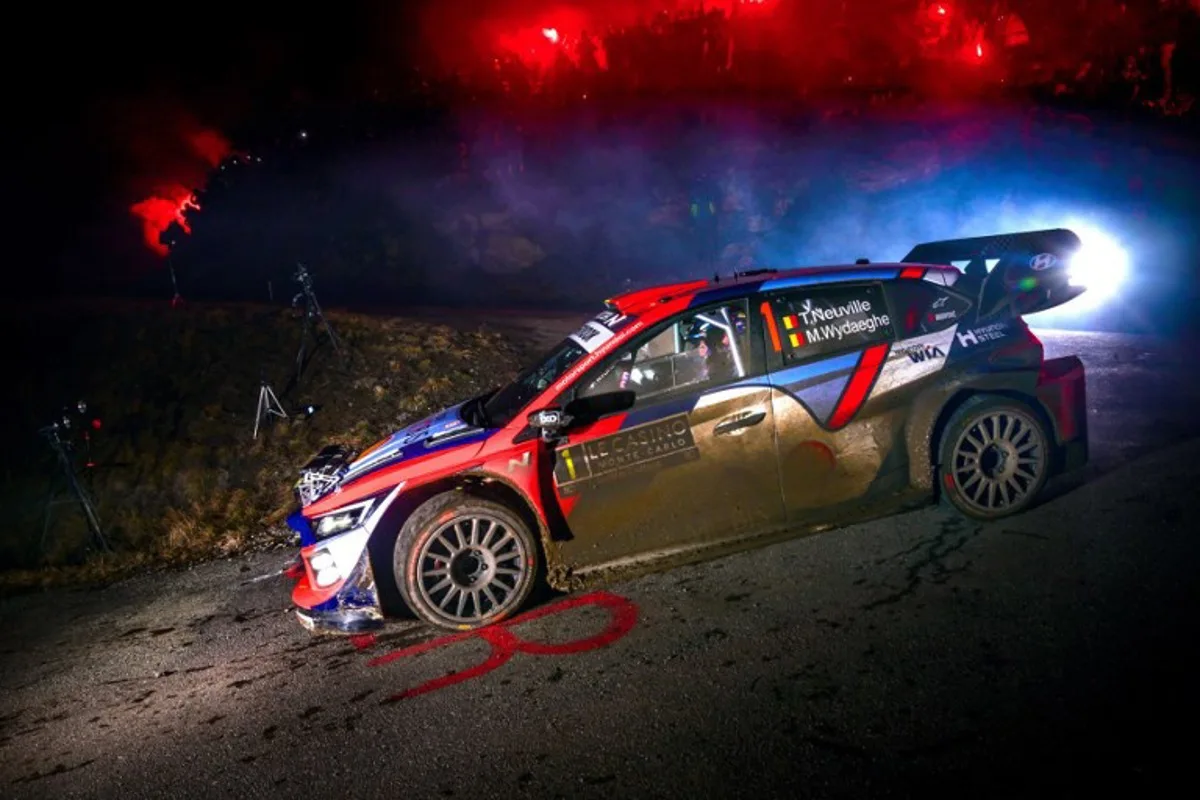 Hyundai Shell Mobis World Rally Team's Belgian driver Thierry Neuville and Belgian co-pilot Martijn Wydaeghe compete in their Hyundai i20 N Rally1 during Stage 3 between Avancon and Notre-Dame Du Laus of the 93rd WRC Monte-Carlo Rally near Gap, on January 23, 2025.  OLIVIER CHASSIGNOLE / AFP