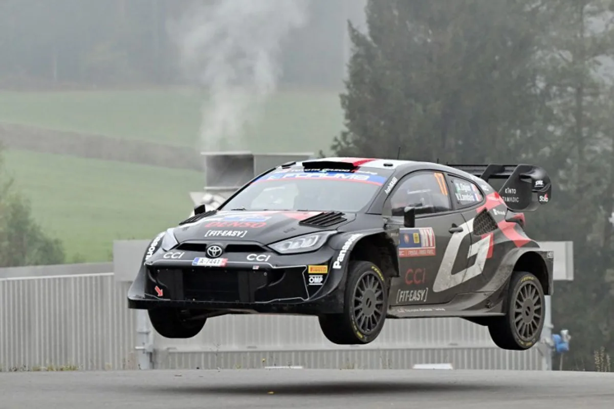 French driver Sebastien Ogier and co-driver Vincent Landais compete in their Toyota GR Yaris during the WRC Central European Rally 2024 near Passau, southern Germany on October 19, 2024.   KERSTIN JOENSSON / AFP