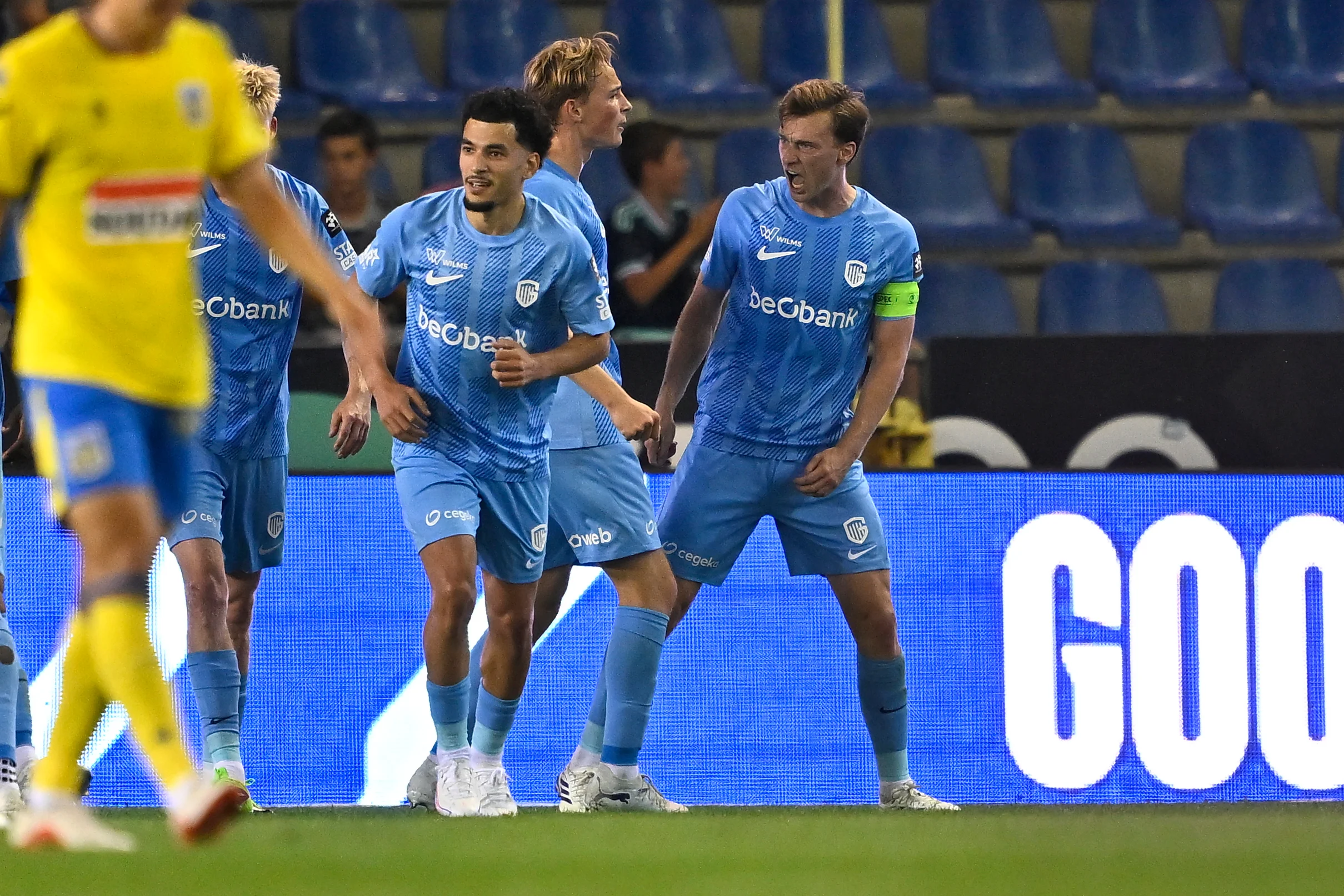 Genk's Bryan Heynen celebrates after scoring during a soccer match between KRC Genk and KVC Westerlo, Saturday 15 August 2026 in Genk, on day 2 of the 2026-2027 'Jupiler Pro League' first division of the Belgian championship. BELGA PHOTO JOHAN EYCKENS