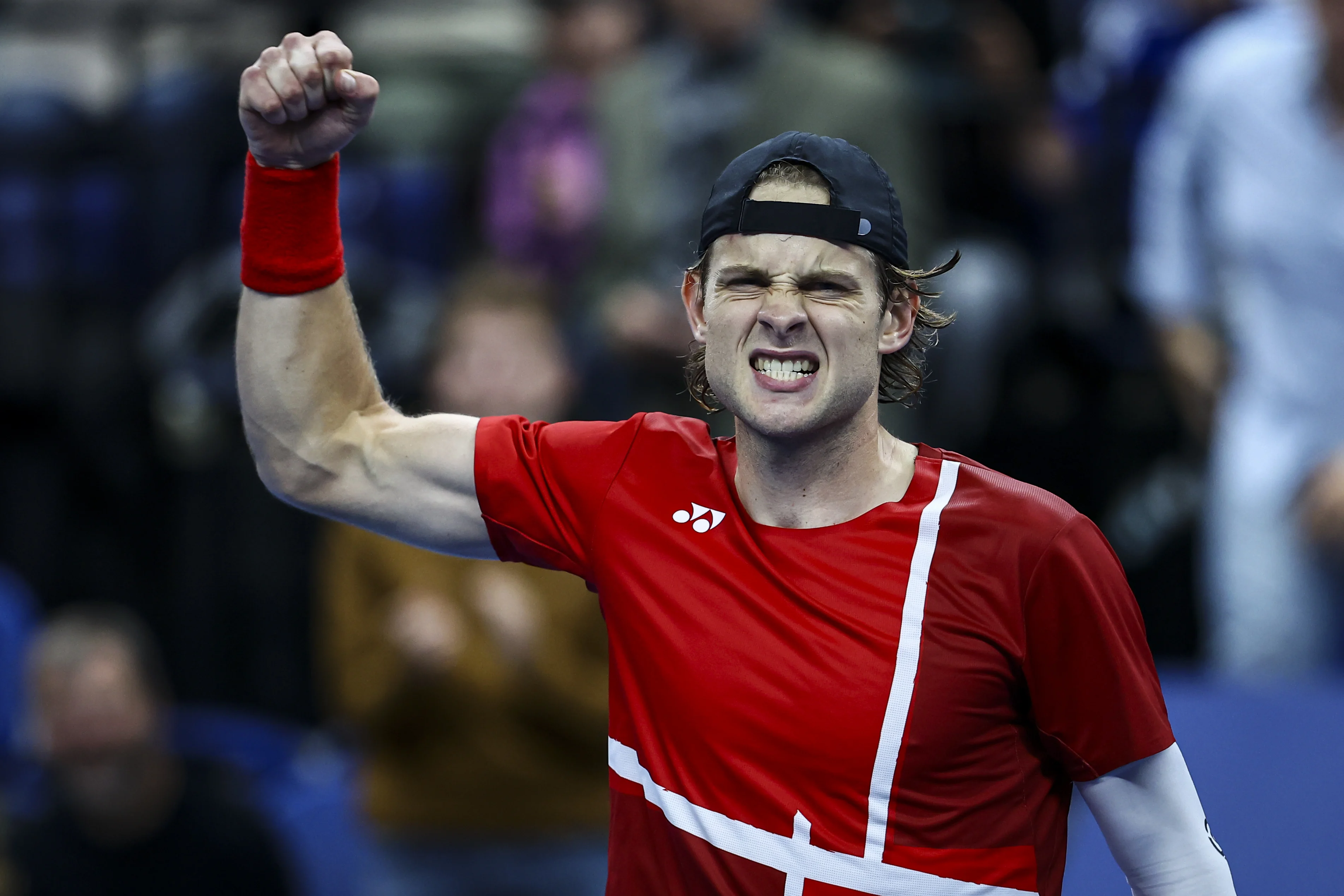 Belgian Zizou Bergs celebrates after winning a tennis match in the round of 32 of the singles competition at the ATP European Open Tennis tournament in Antwerp, Tuesday 15 October 2024. BELGA PHOTO DAVID PINTENS