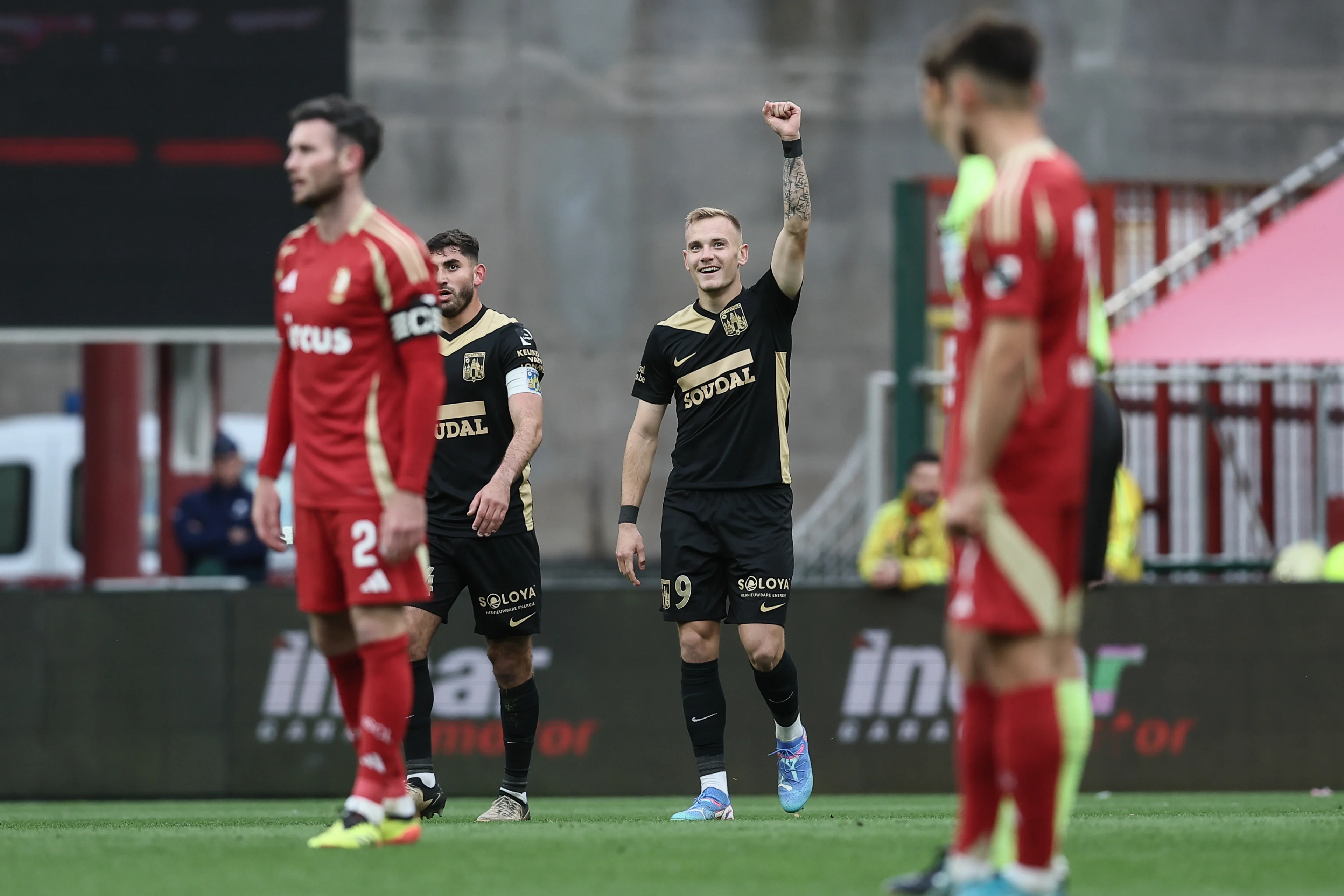 Westerlo's Matija Frigan celebrates after scoring during a soccer match between Standard Liege and KVC Westerlo, in Liege, on day 9 of the 2024-2025 season of the 'Jupiler Pro League' first division of the Belgian championship, Saturday 28 September 2024. BELGA PHOTO BRUNO FAHY