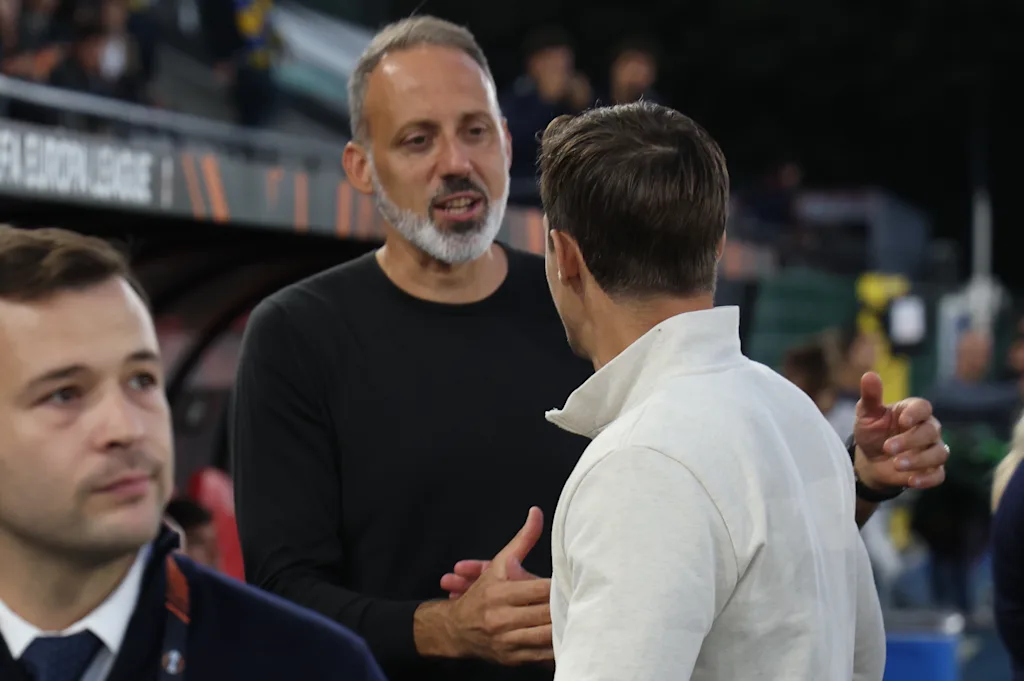 Union's head coach David Hubert and Sociedad's head coach Pellegrino Matarazzo pictured ahead of a soccer game between Belgian Royale Union Saint-Gilloise and Spanish Real Sociedad, Thursday 15 October 2026 in Leuven, the 2nd match of the UEFA Europa League league phase. BELGA PHOTO VIRGINIE LEFOUR