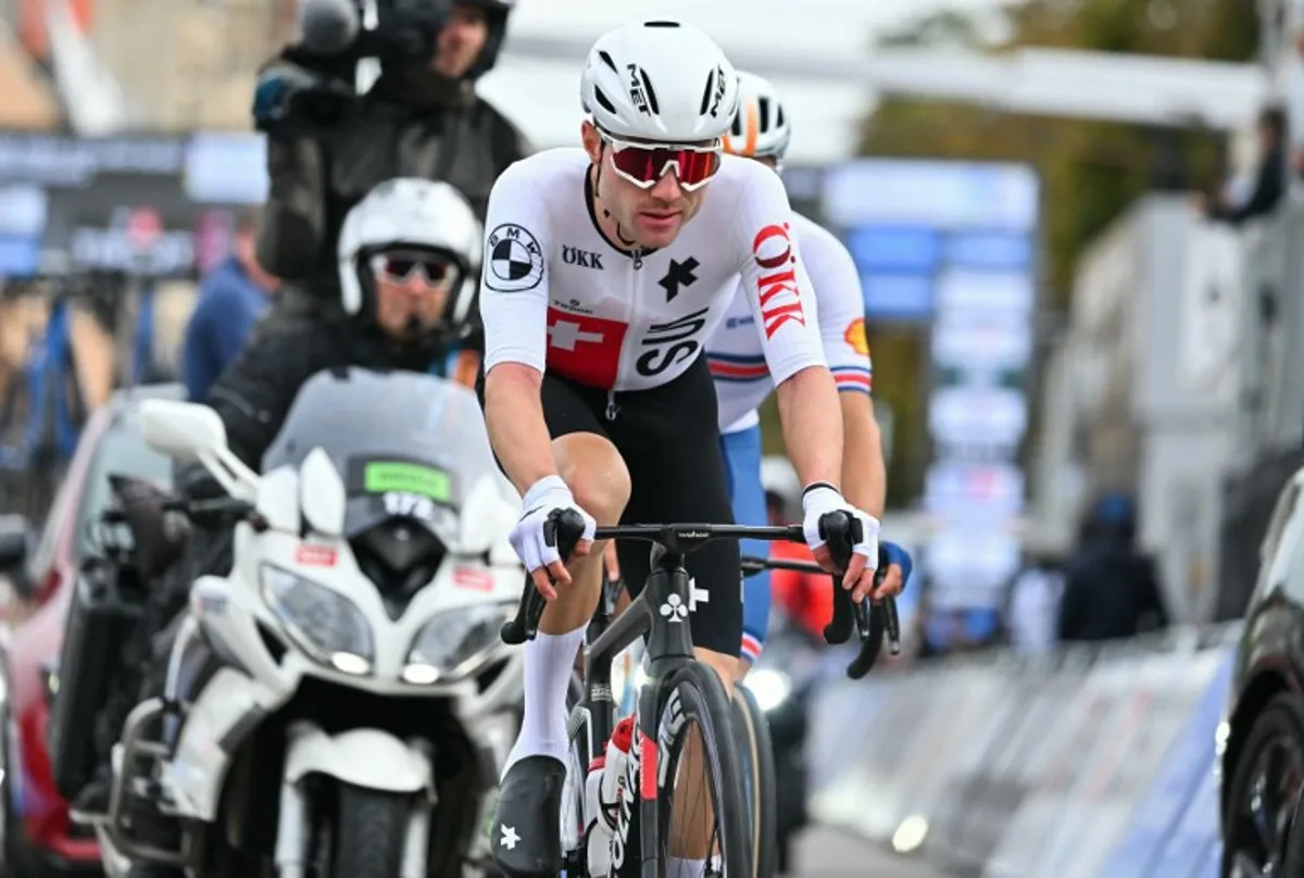 Switzerland's Marc Hirschi competes in the men's Elite Road Race cycling event during the UCI 2024 Road World Championships, in Zurich, on September 29, 2024.  Fabrice COFFRINI / AFP