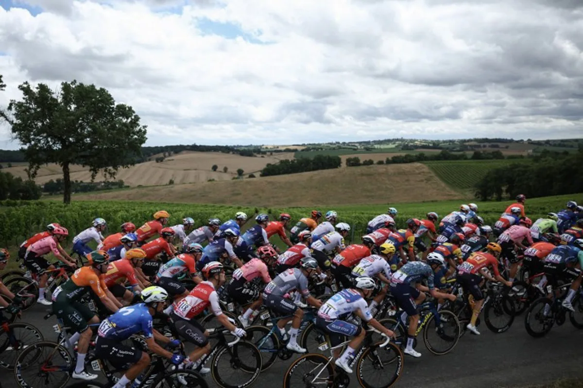 The pack of riders (peloton) cycles during the 13th stage of the 111th edition of the Tour de France cycling race, 165,3 km between Agen and Pau, southwestern France, on July 12, 2024.  Anne-Christine POUJOULAT / AFP