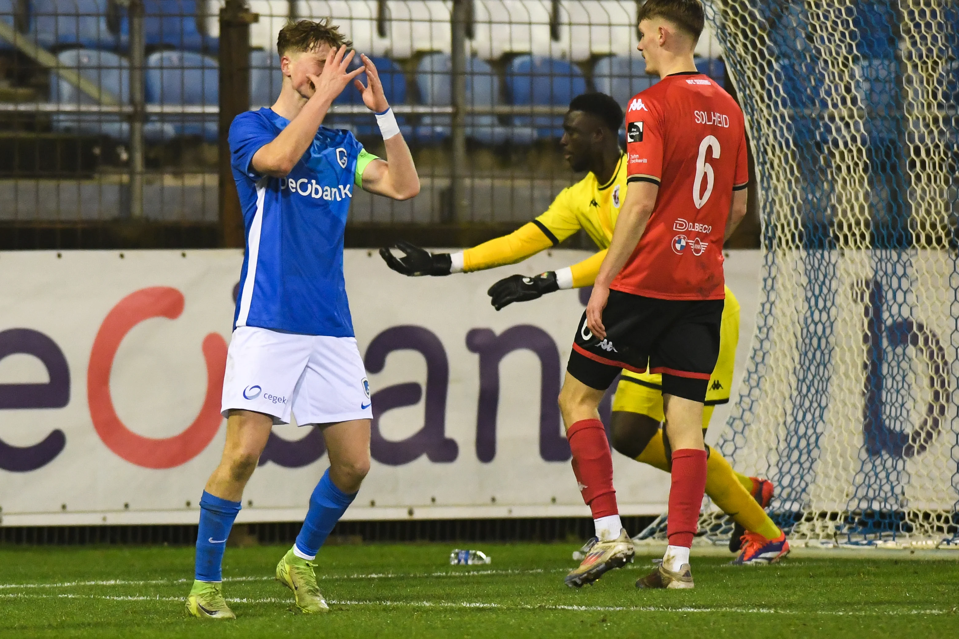 Genk's Thomas Claes looks dejected during a soccer match between Jong Genk and RFC Seraing, Sunday 19 January 2025 in Geel, on day 18 of the 2024-2025 season of the 'Challenger Pro League' second division of the Belgian championship. BELGA PHOTO JILL DELSAUX