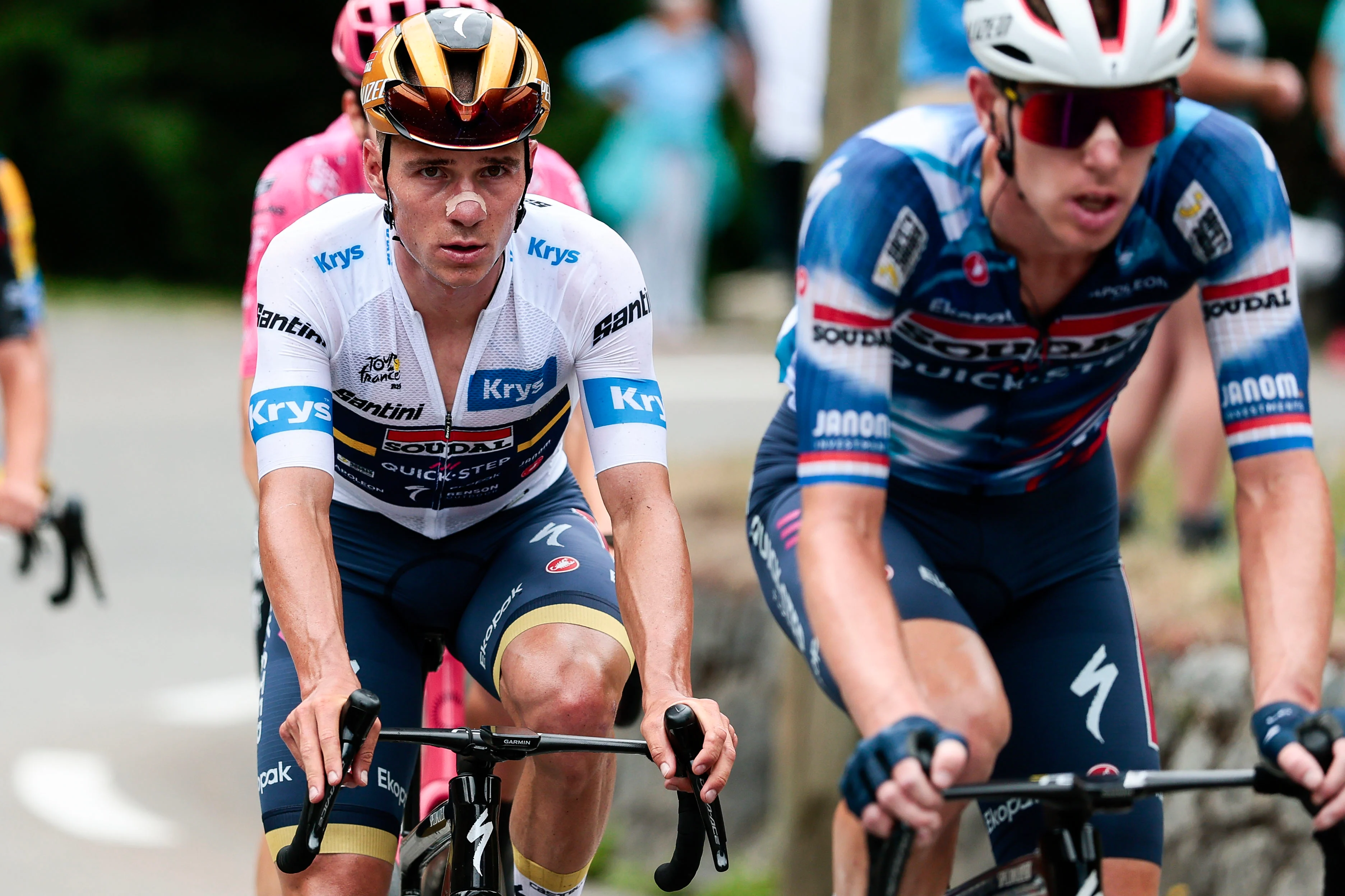 Belgian Remco Evenepoel of Soudal Quick-Step pictured in action during stage 14 of the 2025 Tour de France cycling race, from Pau to Luchon-Superbagneres (183 km), on Saturday 19 July 2025 in France. The 112th edition of the Tour de France starts on Saturday 5 July in Lille, France, and will finish in Paris, France on the 27th of July. BELGA PHOTO POOL LUCA BETTINI