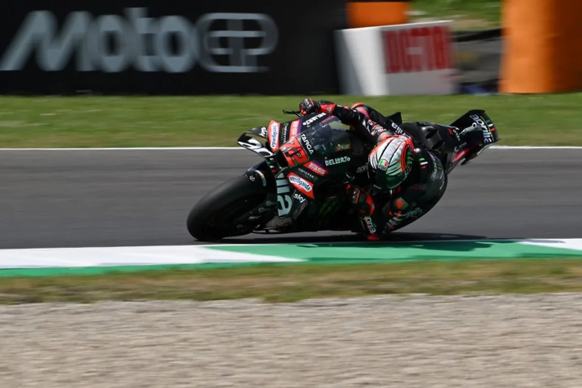Aprilia Racing team's Italian MotoGP rider Marco Bezzecchi steers his motorbike during the second practice session ahead of the Italian Moto GP Grand Prix at Mugello circuit, in Mugello, near Florence, on May 29, 2026. Andreas SOLARO / AFP