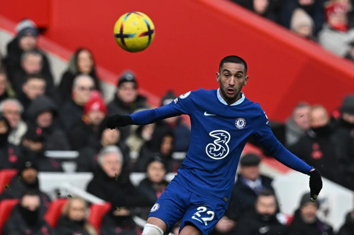 Chelsea's Moroccan midfielder Hakim Ziyech controls the ball during the English Premier League football match between Liverpool and Chelsea at Anfield in Liverpool, north west England on January 21, 2023. Paul ELLIS / AFP