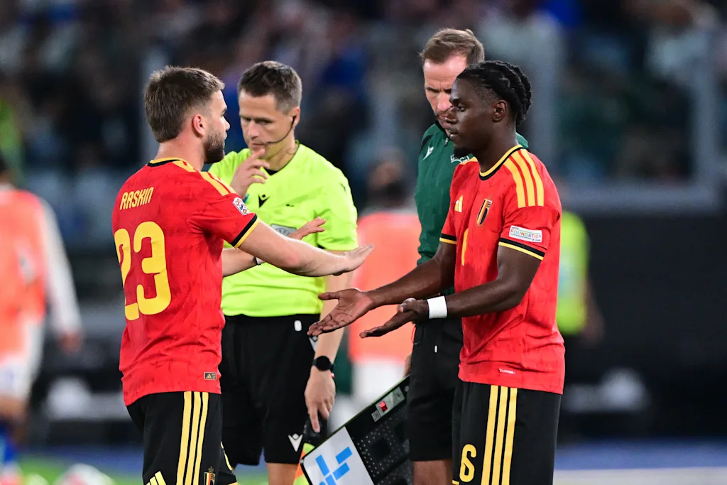Belgium's Nicolas Raskin and Belgium's Romeo Lavia pictured during a soccer game between the Red Devils, the Belgian national soccer team and Italy for the opening game of the UEFA Nations League, in Rome, on Friday 25 September 2026. BELGA PHOTO DIRK WAEM