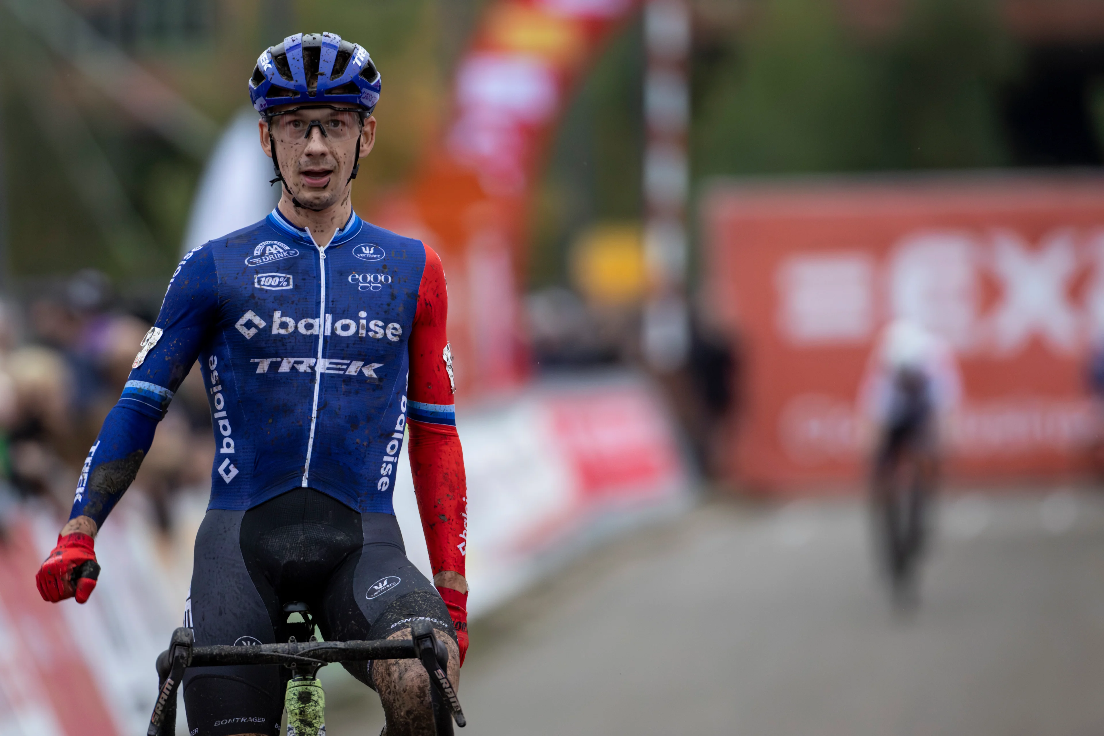 Dutch Lars Van Der Haar celebrates as he crosses the finish line to win the men elite race of the 'Exact Cross Beringen' cyclocross cycling event, Saturday 12 October 2024 in Beringen, race 1/7 of the Exact Cross competition. BELGA PHOTO DAVID PINTENS