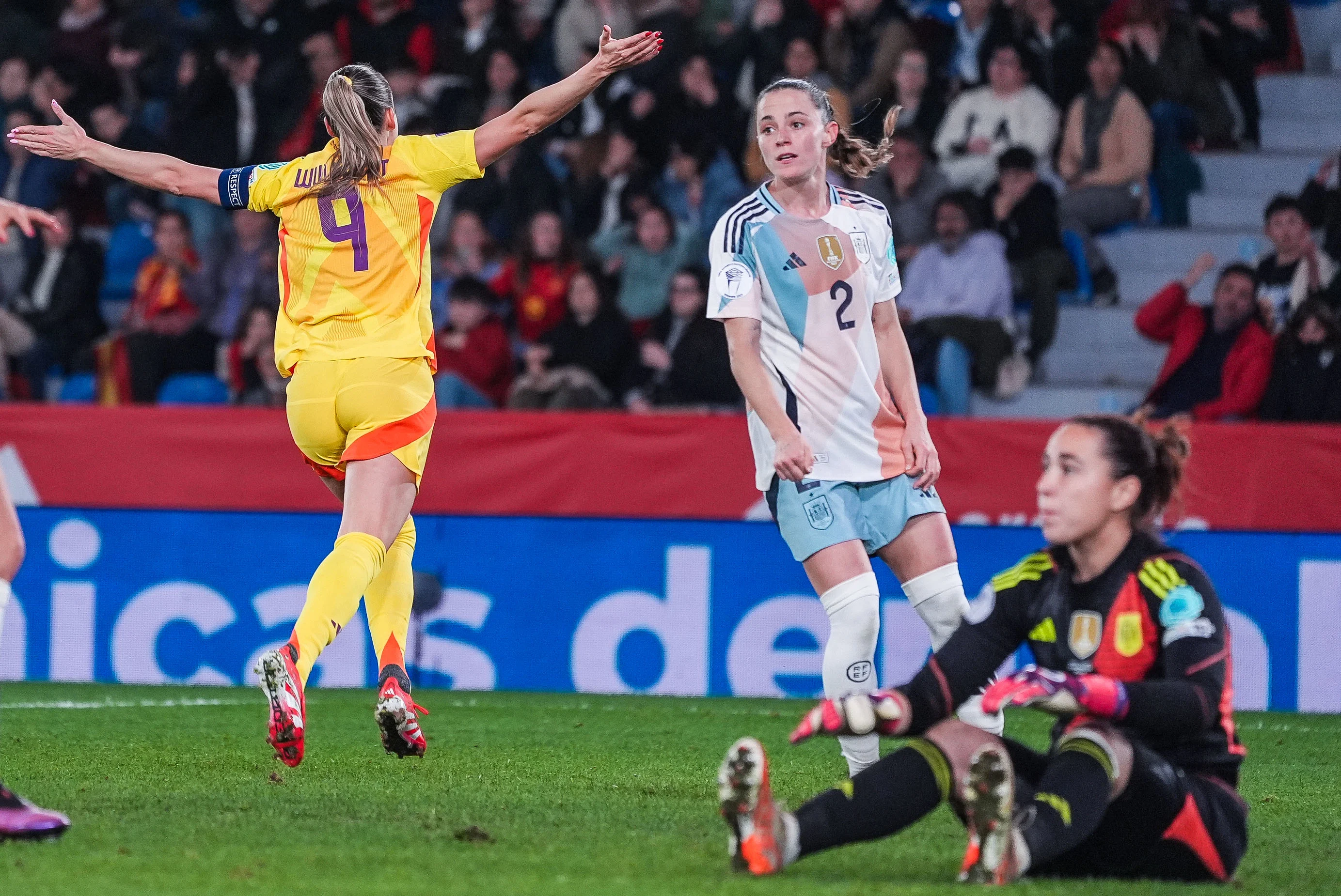 Belgium's Tessa Wullaert celebrates after scoring during a soccer game between Belgium's national team the Red Flames and Spain, in Valencia, Spain Friday 21 February 2025, on the first matchday in group A3 of the 2024-25 Women's Nations League Competition. BELGA PHOTO JOMA GARCIA I GISBERT