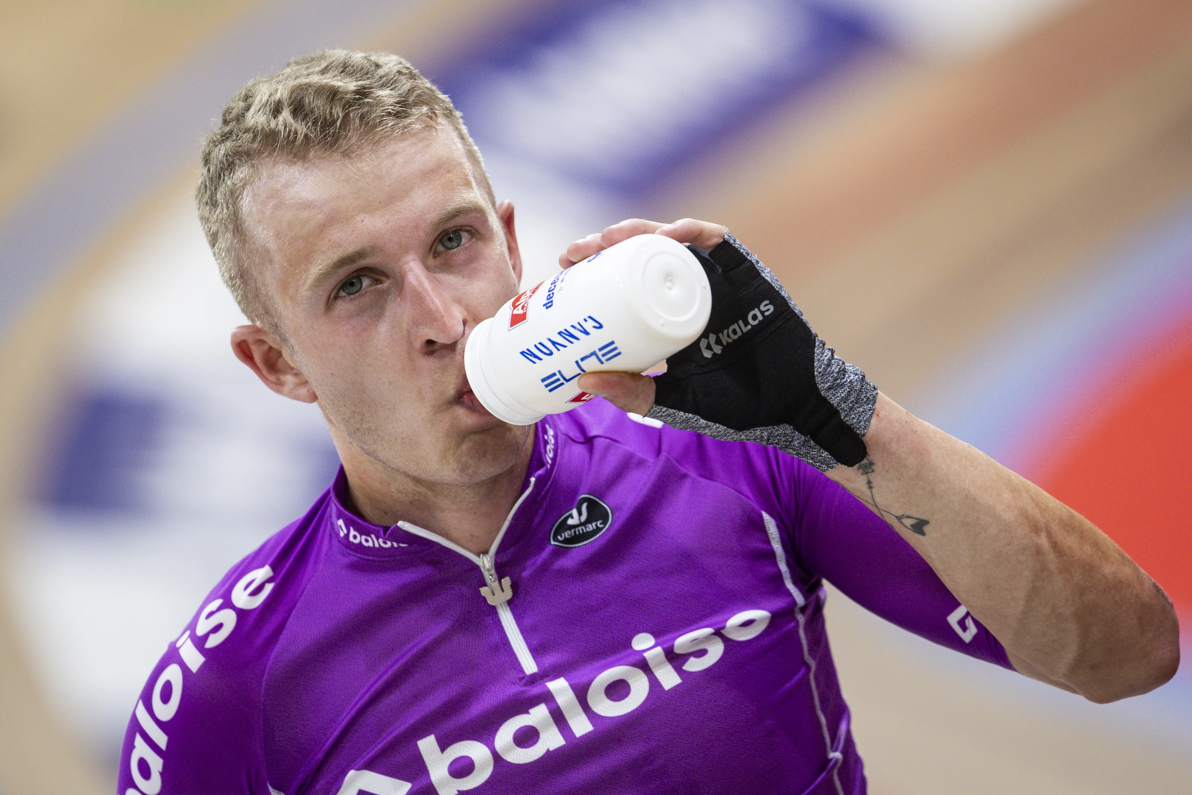 Belgian Robbe Ghys pictured during the first day of the Zesdaagse Vlaanderen-Gent six-day indoor track cycling event at the indoor cycling arena 't Kuipke, Tuesday 12 November 2024, in Gent. BELGA PHOTO DAVID PINTENS