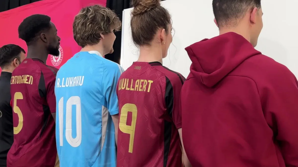 Video showing 00:00:00:00 - 00:05:20:24 Illustration video shows a press conference of Belgian national soccer team Red Devils to present the new shirts for the UEFA Euro 2024 European Championship, Thursday 14 March 2024, at the Musee Herge in Louvain-la-Neuve. The new outfit, with light blue shirt with white collar, combined with brown shorts, refers to the iconic outfit of Kuifje - Tintin, the world-famous Belgian reporter-adventurer from the Herge comic books. BELGA VIDEO MAARTEN WEYNANTS