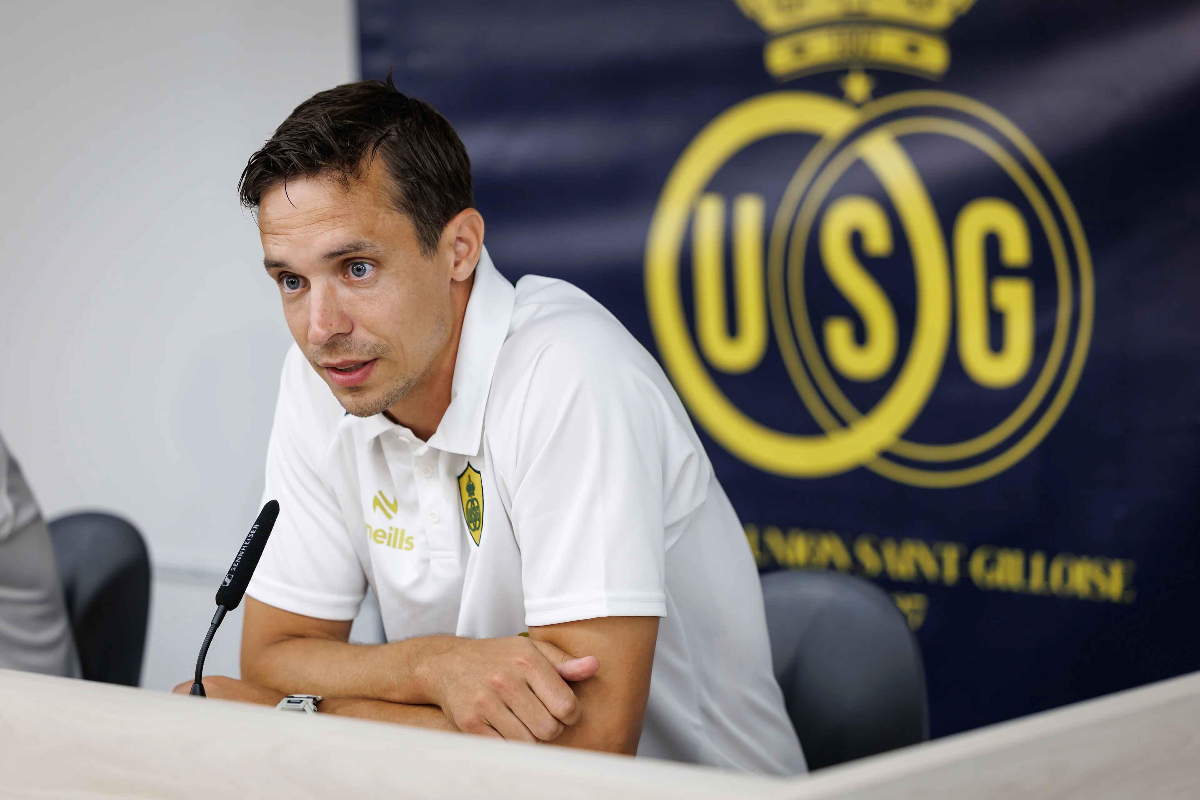 Union's head coach David Hubert pictured during a press conference of Belgian Royale Union Saint-Gilloise, Monday 03 August 2026 in Oostende, in preparations of the first leg of the third qualifying round for the UEFA Champions League against Norwegian Bodo Glimt. BELGA PHOTO KURT DESPLENTER