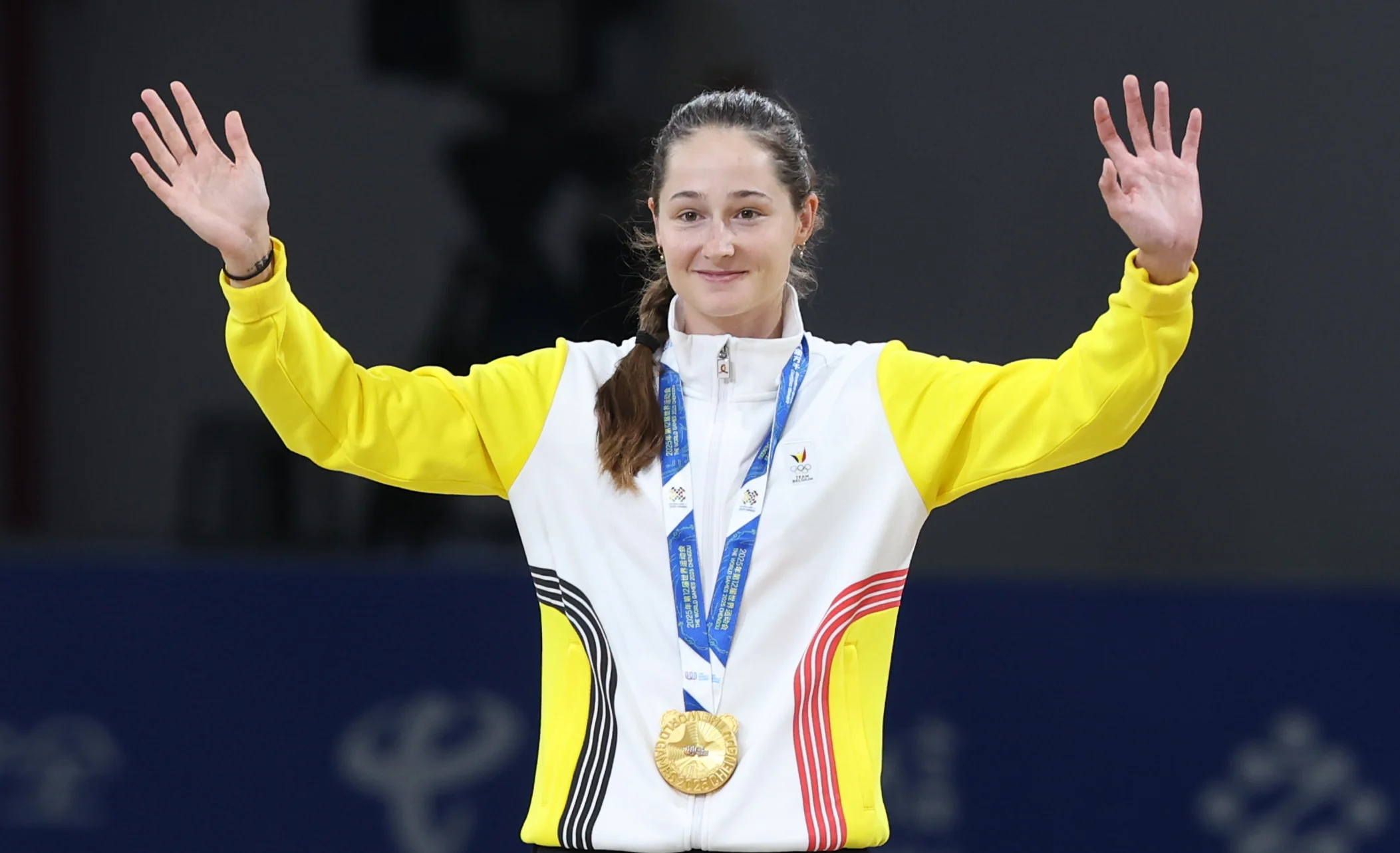 Belgian Fran Vanhoutte celebrates on the podium of the Women's Sprint 500m +D speed skating event, at the World Games 2025, in Chenghdu, China, on Thursday 14 August 2025. This year, the World Games take place from 7 to 17 August. BELGA PHOTO VIRGINIE LEFOUR