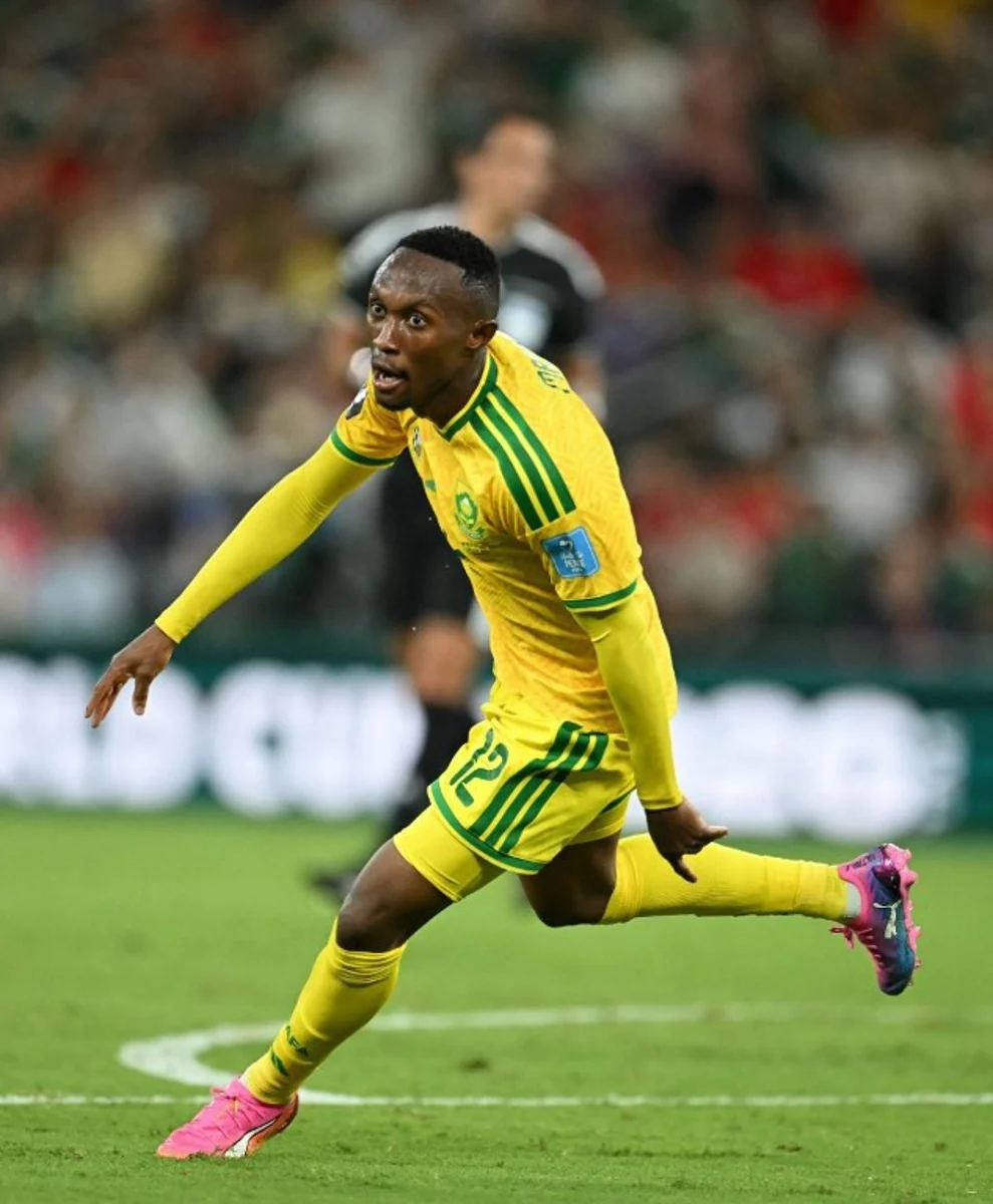 South Africa's forward #12 Thapelo Maseko celebrates scoring his team's first goal during the 2026 World Cup Group A football match between South Africa and South Korea at the Monterrey Stadium in Guadalupe, Mexico, on June 24, 2026.   Yuri CORTEZ / AFP