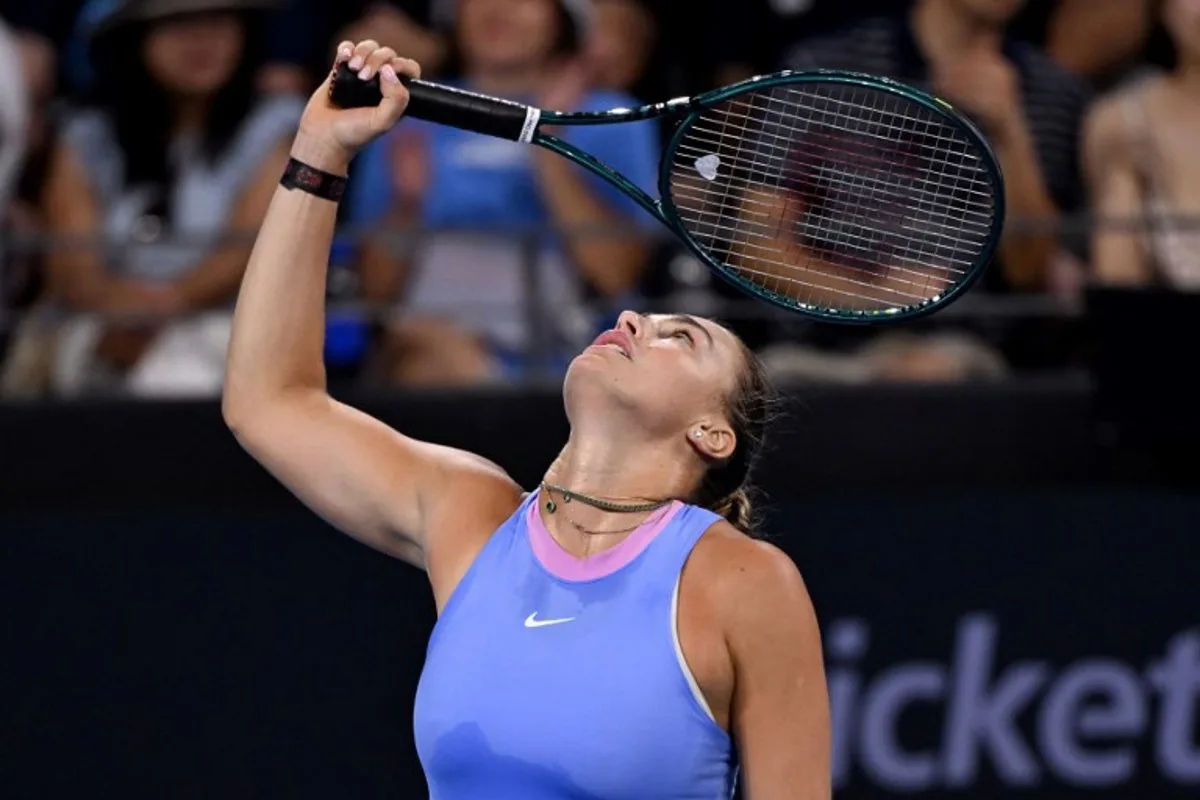 Belarus' Aryna Sabalenka reacts during her women's singles semi-final match against Russia's Mirra Andreeva at the Brisbane International tennis tournament in Brisbane on January 4, 2025.  William WEST / AFP