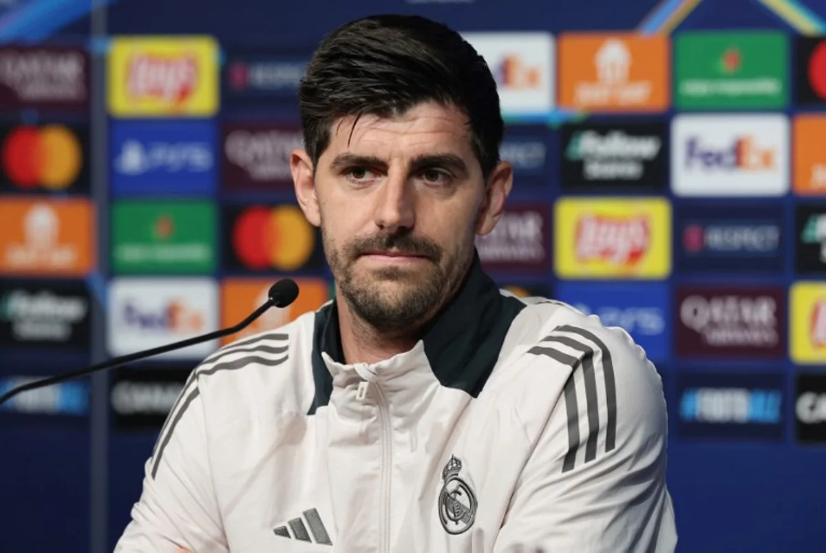 Real Madrid's Belgian goalkeeper #01 Thibaut Courtois gives a press conference on the eve of the UEFA Champions League, league phase - matchday 8 football match between Stade Brestois 29 (Brest) and Real Madrid CF, in Guingamp, western France, on January 28, 2025.  Fred TANNEAU / AFP