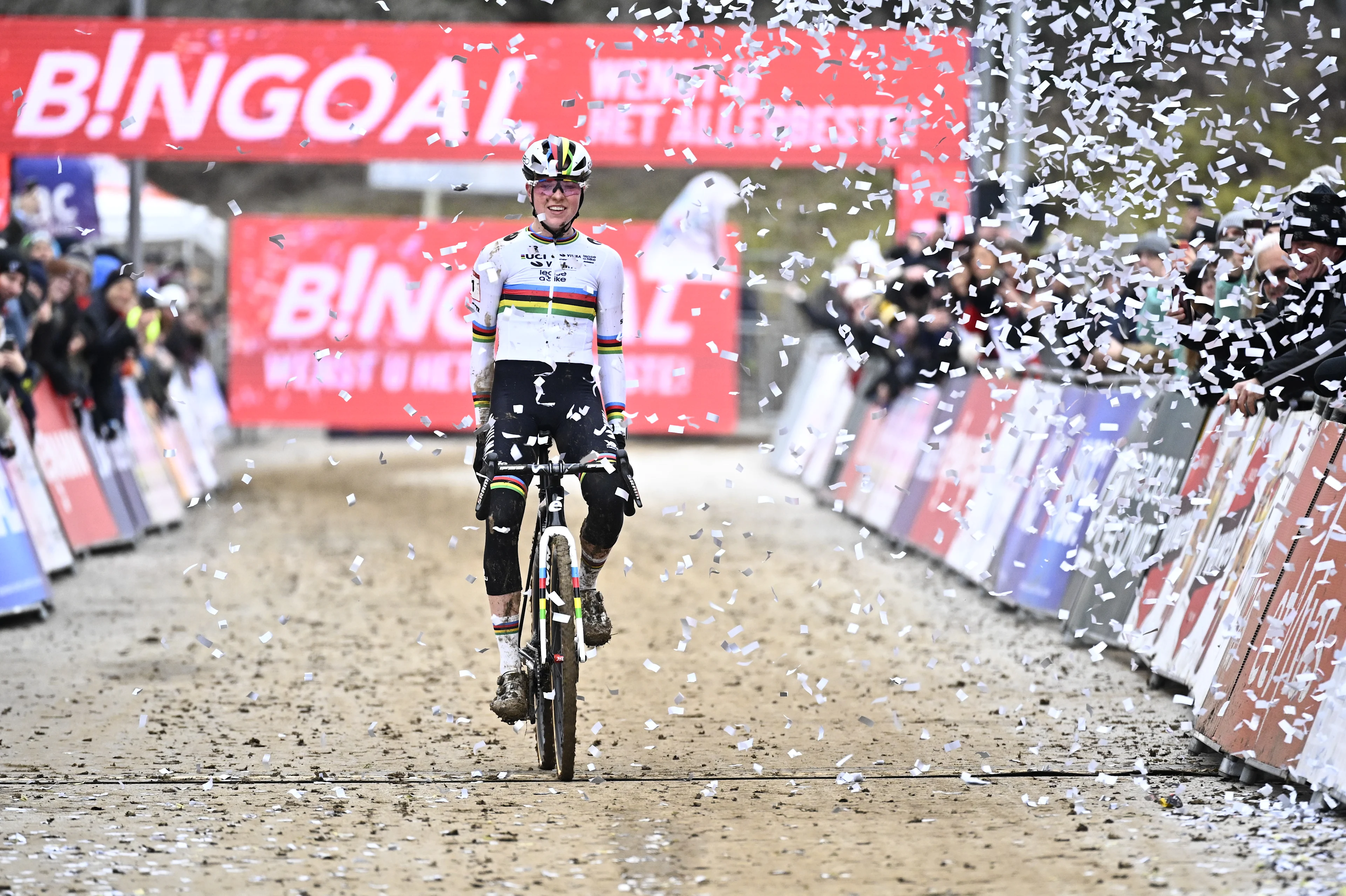 Dutch Fem Van Empel and pictured crossing the finish line of the women's elite race at the Cyclocross World Cup cyclocross event in Besancon, France, , the eighth stage (out of 12) in the World Cup of the 2023-2024 season. BELGA PHOTO JASPER JACOBS