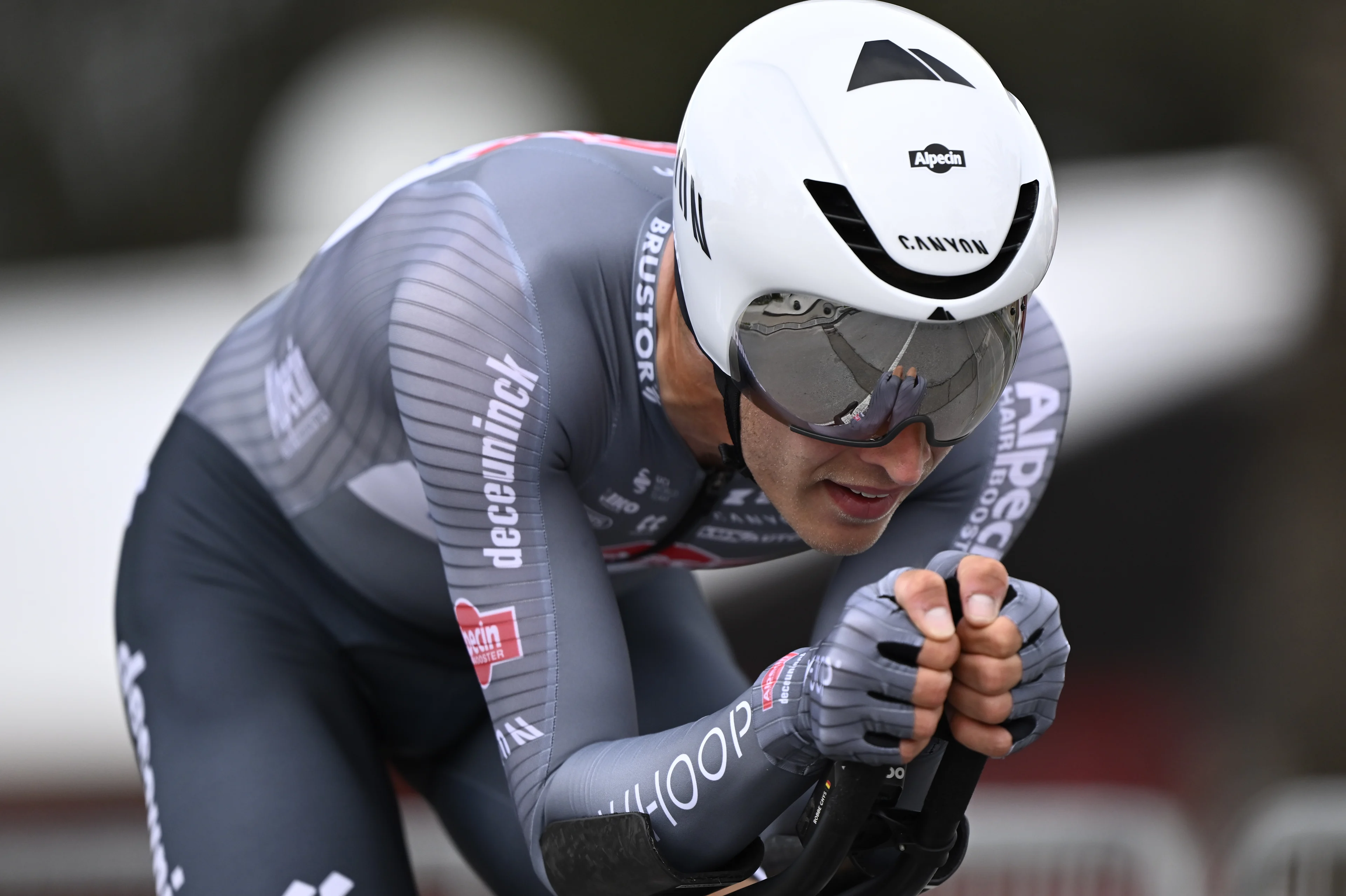 Belgian Robbe Ghys of Alpecin-Deceuninck pictured in action during the first stage of the Tirreno-Adriatico cycling race, a 11,5km individual time trial in Lido di Camaiore, Italy, Monday 10 March 2025. BELGA PHOTO DIRK WAEM