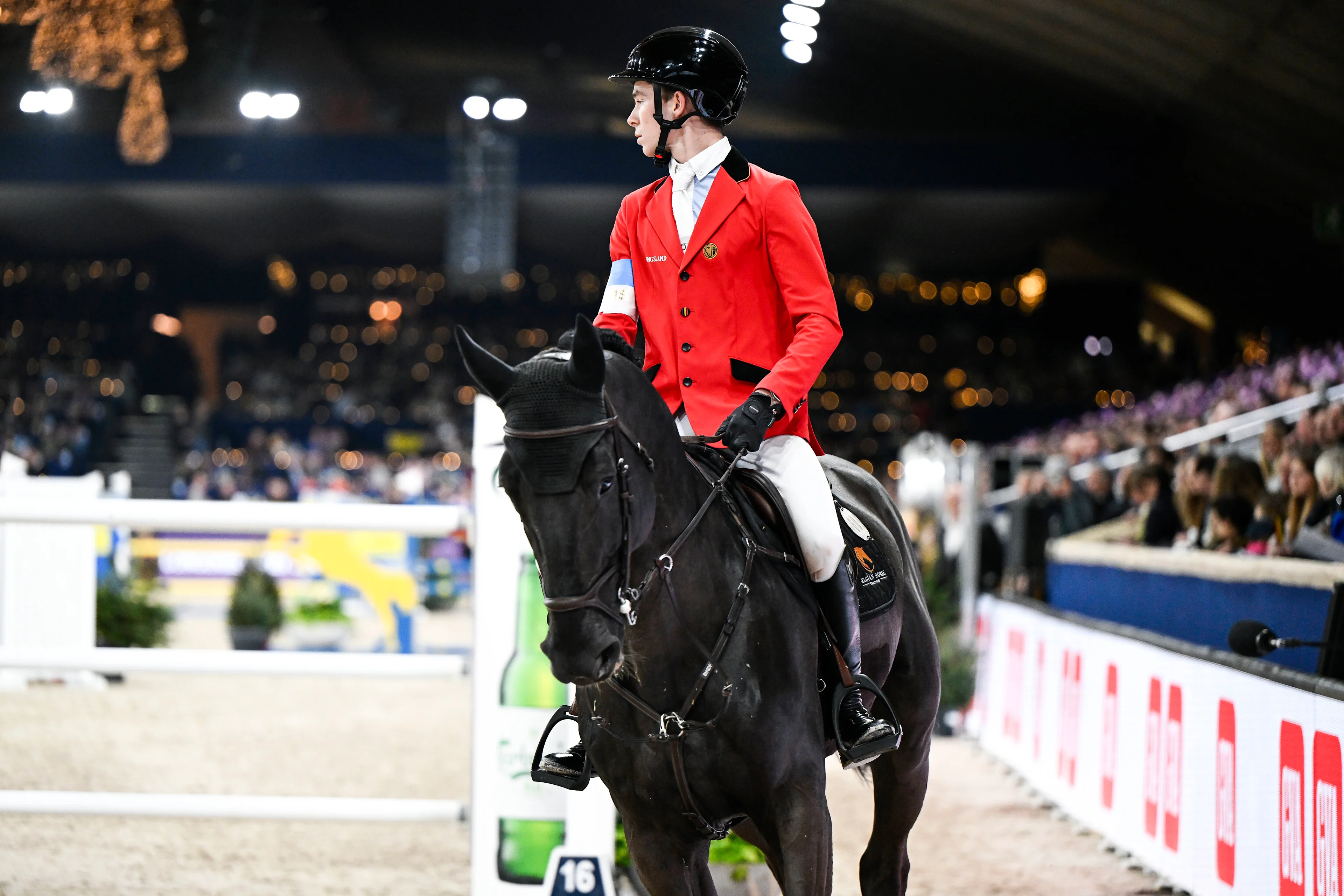 Belgian rider Thibeau Spits with Impress-K van 't Kattenheye Z pictured in action during the FEI World Cup Jumping competition at the 'Vlaanderens Kerstjumping - Memorial Eric Wauters' equestrian event in Mechelen on Monday 30 December 2024. BELGA PHOTO TOM GOYVAERTS