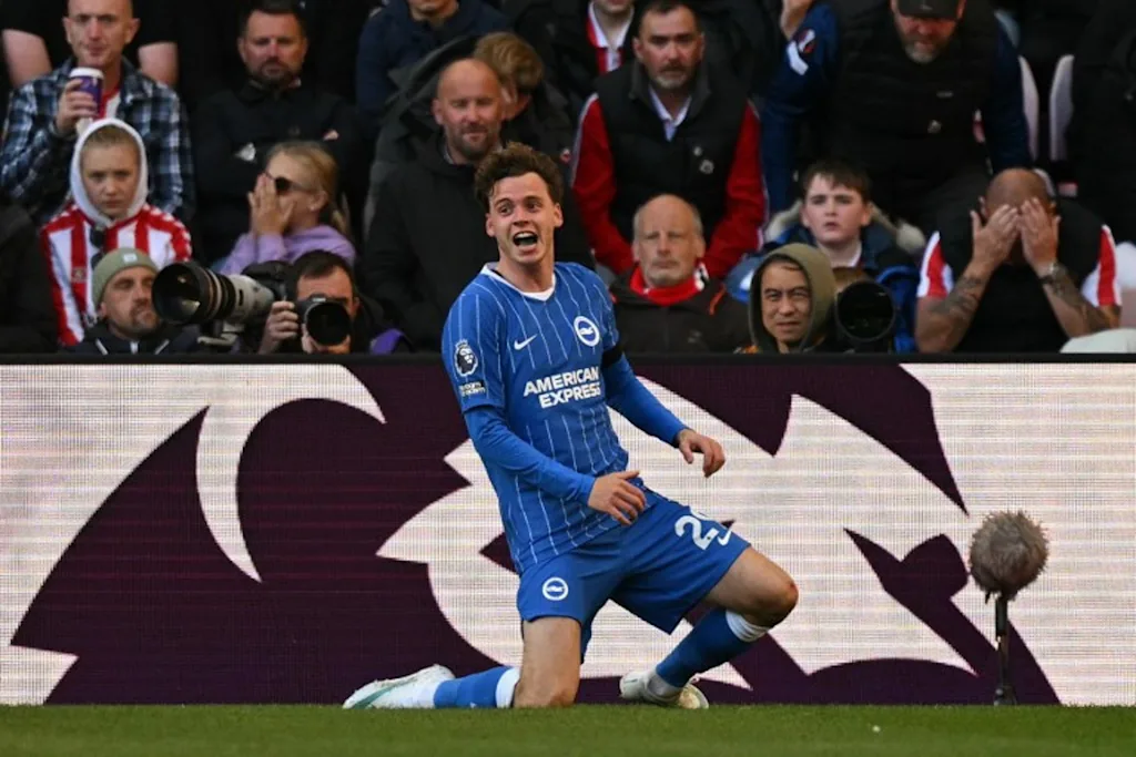 Brighton's Belgian defender #29 Maxim De Cuyper celebrates scoring the opening goal during the English Premier League football match between Sunderland and Brighton and Hove Albion at The Stadium of Light in Sunderland in north east England on October 10, 2026.  Oli SCARFF / AFP