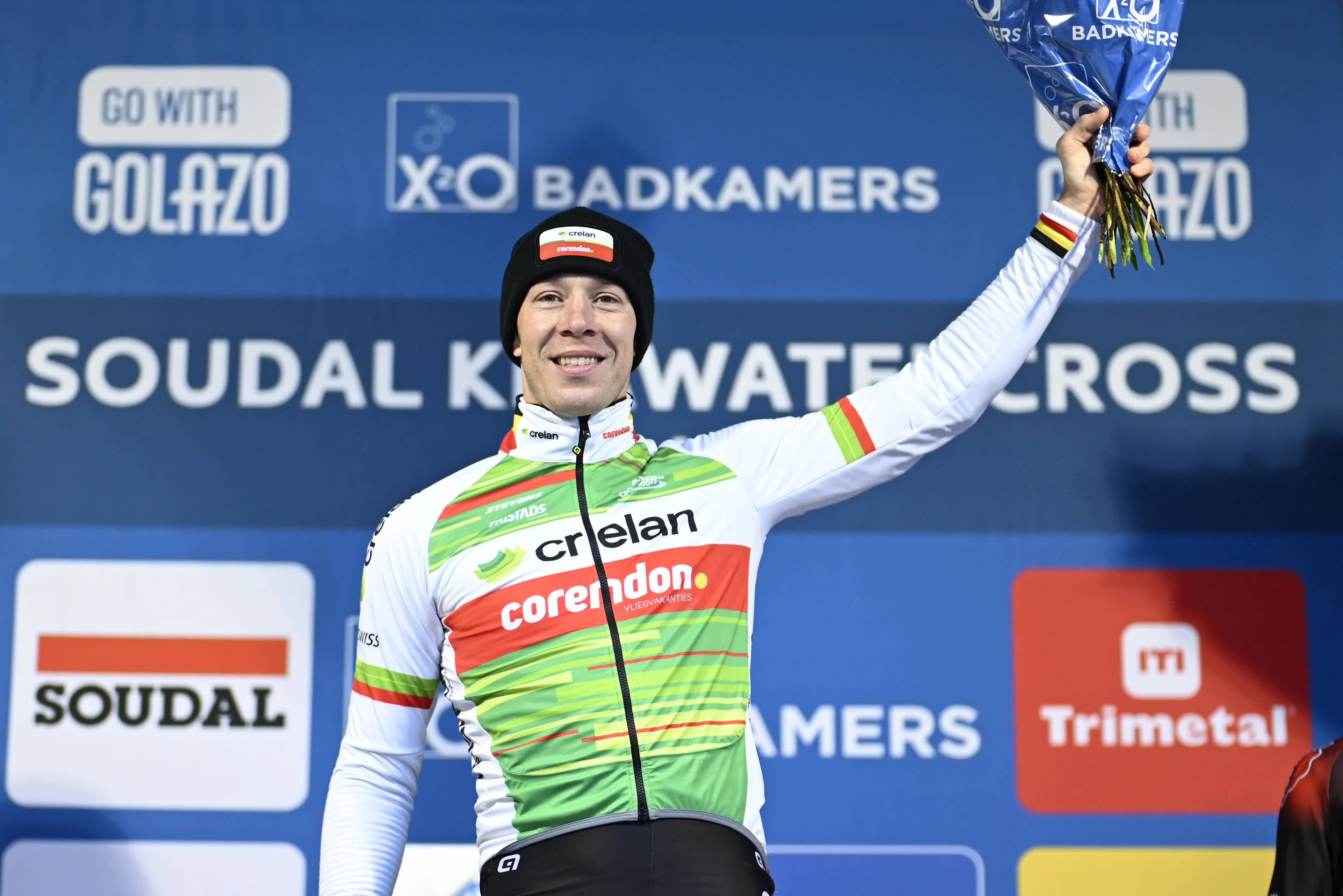 Belgian Laurens Sweeck pictured on the podium after the men's elite race of the Krawatencross cyclocross in Lille, stage 7 (out of 8) in the X2O Trofee Veldrijden competition, . BELGA PHOTO JASPER JACOBS