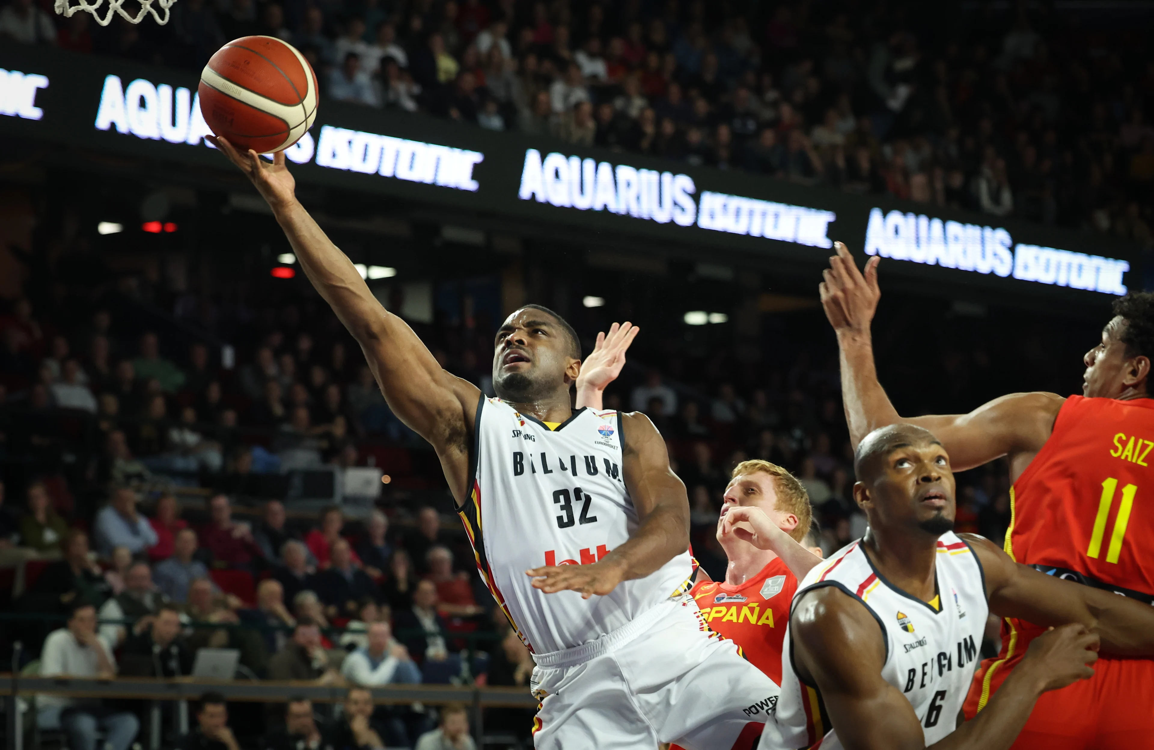 Belgium's Retin Obasohan fights for the ball during a basketball match between Belgium's national team Belgian Lions and Spain, Sunday 25 February 2024 in Charleroi, game 2/6 in the group stage for the Euro 2025 qualifications. BELGA PHOTO VIRGINIE LEFOUR