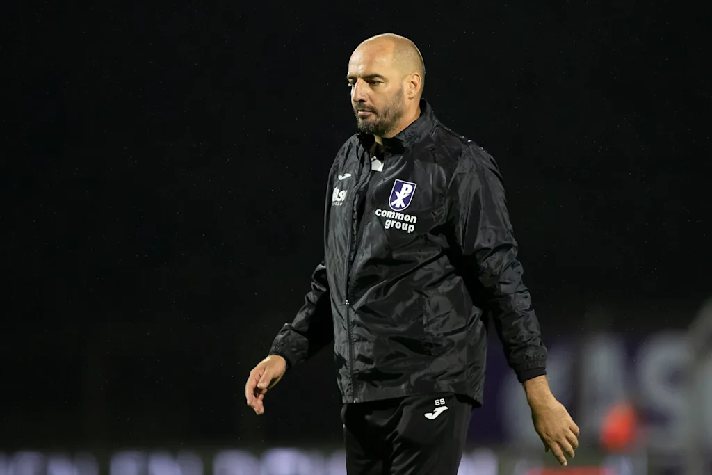 Patro Eisden's coach Stijn Stijnen pictured after a soccer match between Patro Eisden Maasmechelen and KAS Eupen, Sunday 13 September 2026 in Maasmechelen, on day 5 of the 2026-2027 'Challenger Pro League' second highest division of the Belgian championship. BELGA PHOTO KRISTOF VAN ACCOM
