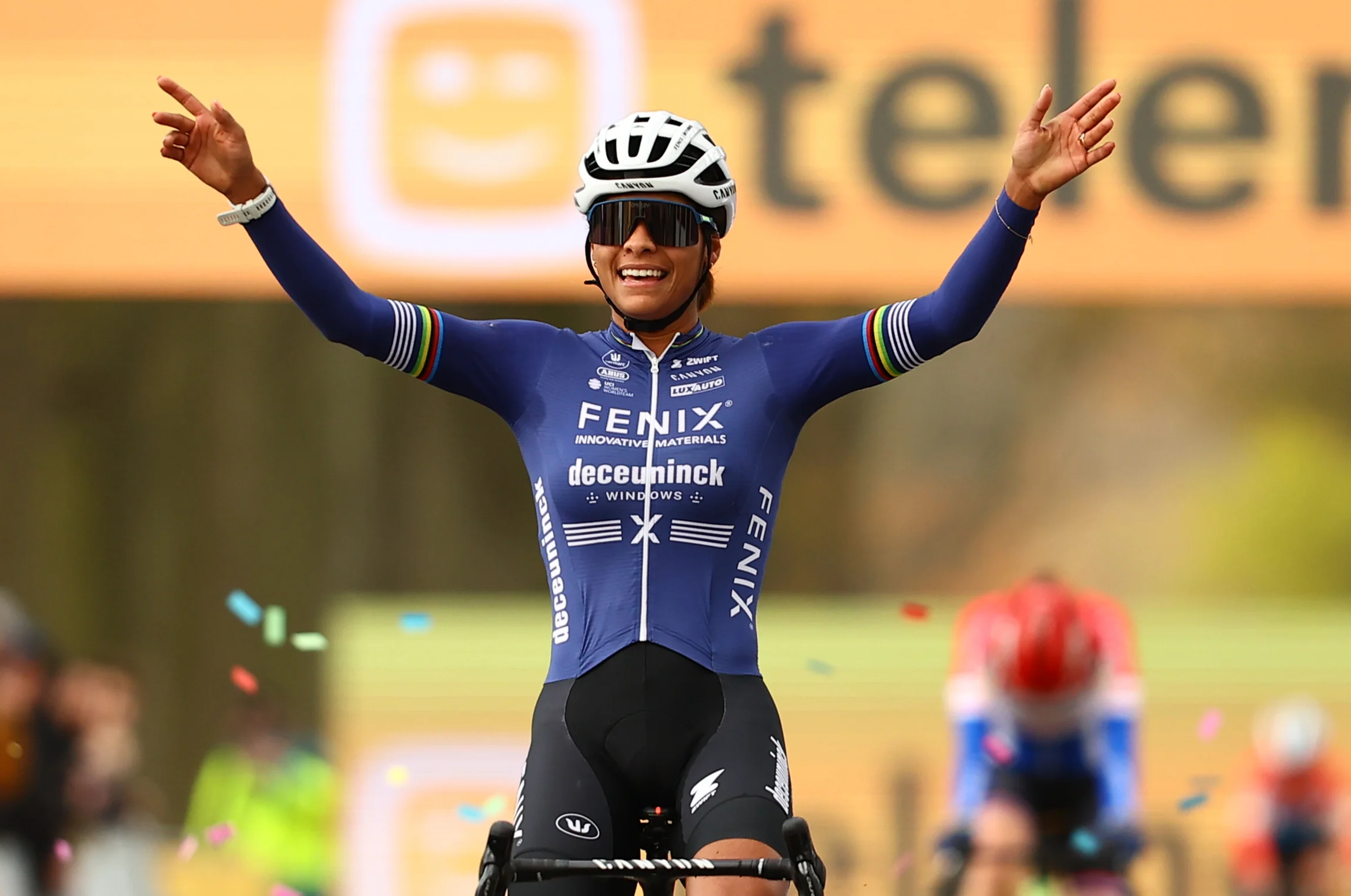 Dutch Ceylin Del Carmen Alvarado celebrates as she crosses the finish line at the women's race of the Superprestige Merksplas cyclocross event, fourth stage (4/8) of the Superprestige cyclocross cycling competition, Saturday 16 November 2024, in Merksplas. BELGA PHOTO DAVID PINTENS