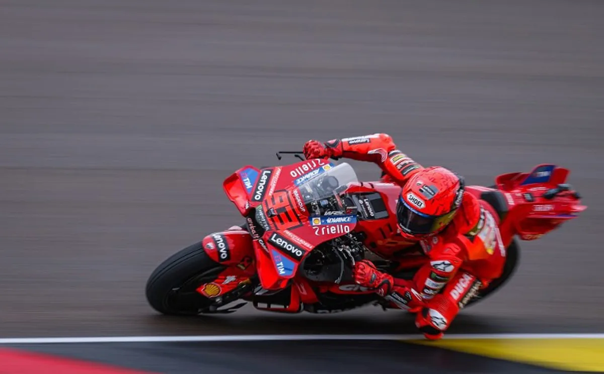 Ducati Lenovo Team's Spanish MotoGP rider Marc Marquez steers his bike during the third practice session of the MotoGP German motorcycle Grand Prix at the Sachsenring racing circuit, in Hohenstein-Ernstthal near Chemnitz, eastern Germany on July 12, 2025. Ronny Hartmann / AFP