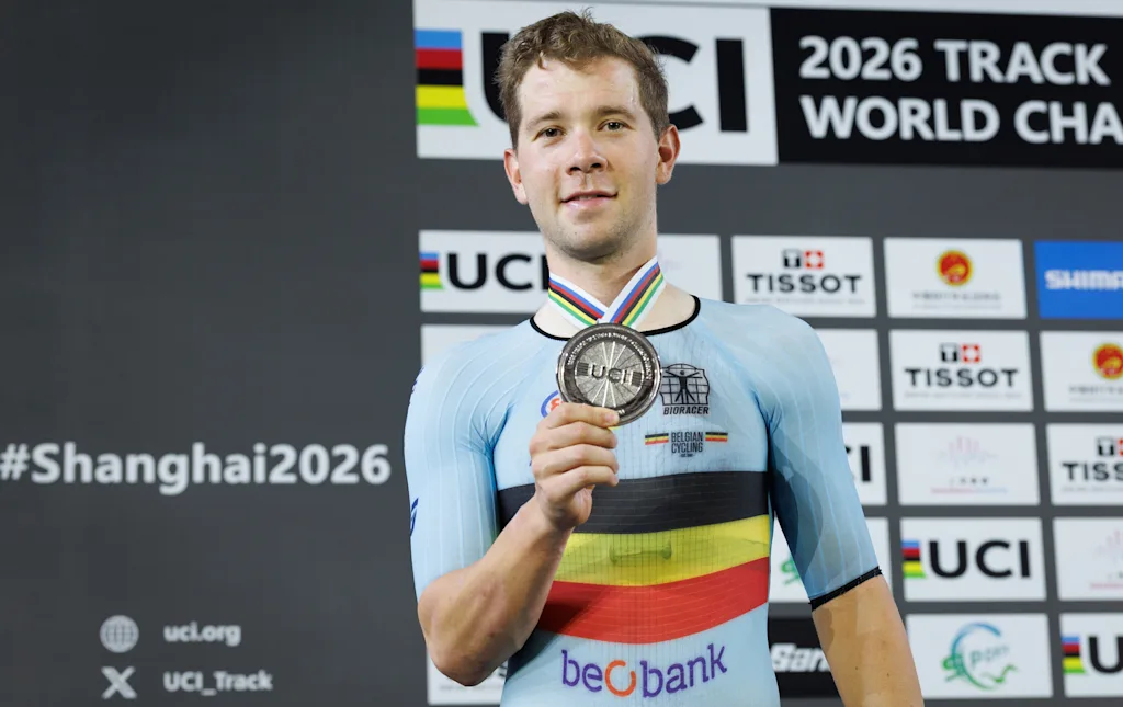 Belgian Fabio Van den Bossche winner of the silver medal pictured on the podium of the Men's omnium event at the UCI Track Cycling World Championships in Shanghai, China on Saturday 17 October 2026. The worlds are taking place from 14 to 18 October 2026. BELGA PHOTO BENOIT DOPPAGNE