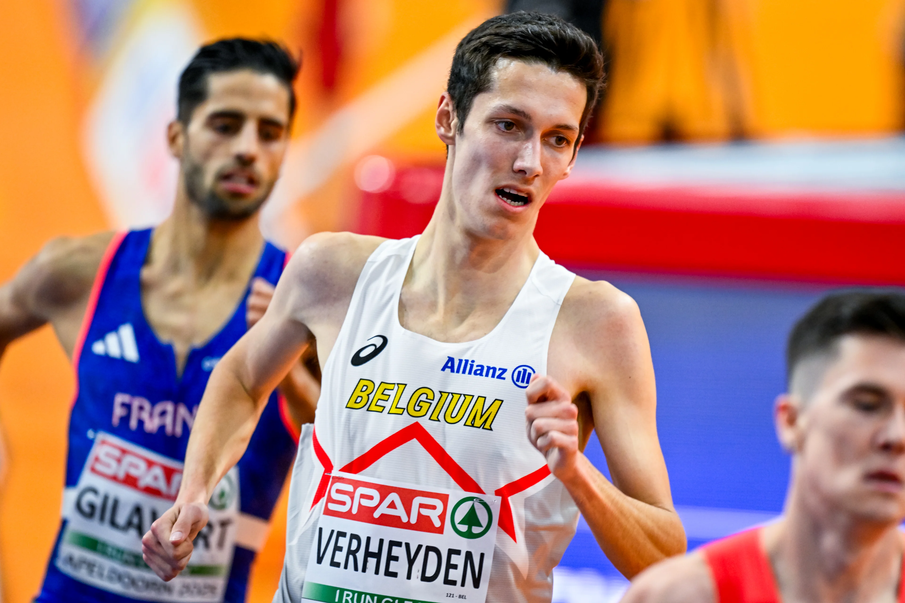 Belgian Ruben Verheyden pictured in action during the 1500m race, at the European Athletics Indoor Championships, in Apeldoorn, The Netherlands, Thursday 06 March 2025. The championships take place from 6 to 9 March. BELGA PHOTO ERIC LALMAND