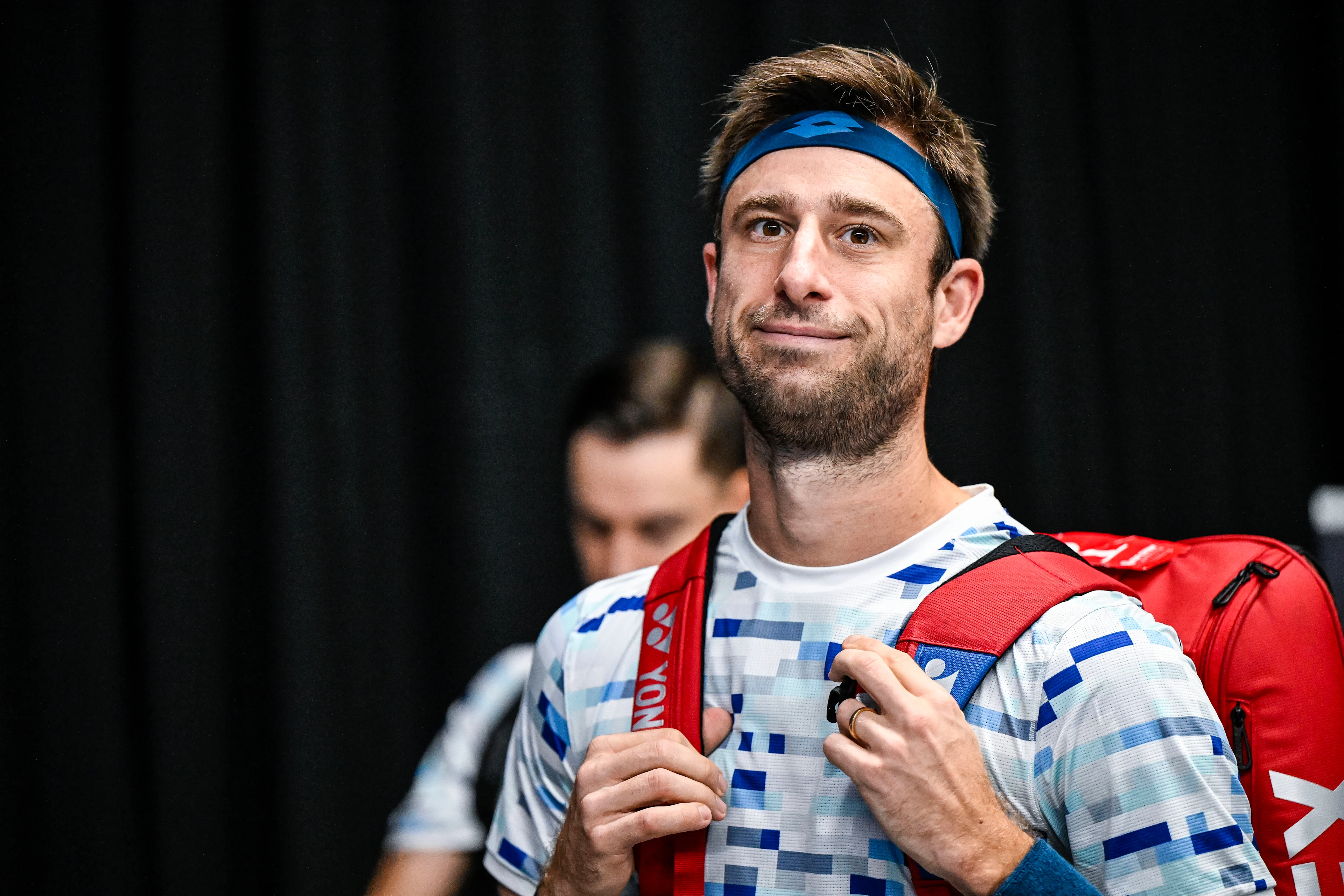 Belgian Sander Gille pictured before a tennis match in the quarter final of the doubles competition at the ATP European Open Tennis tournament in Antwerp, Thursday 17 October 2024. BELGA PHOTO TOM GOYVAERTS