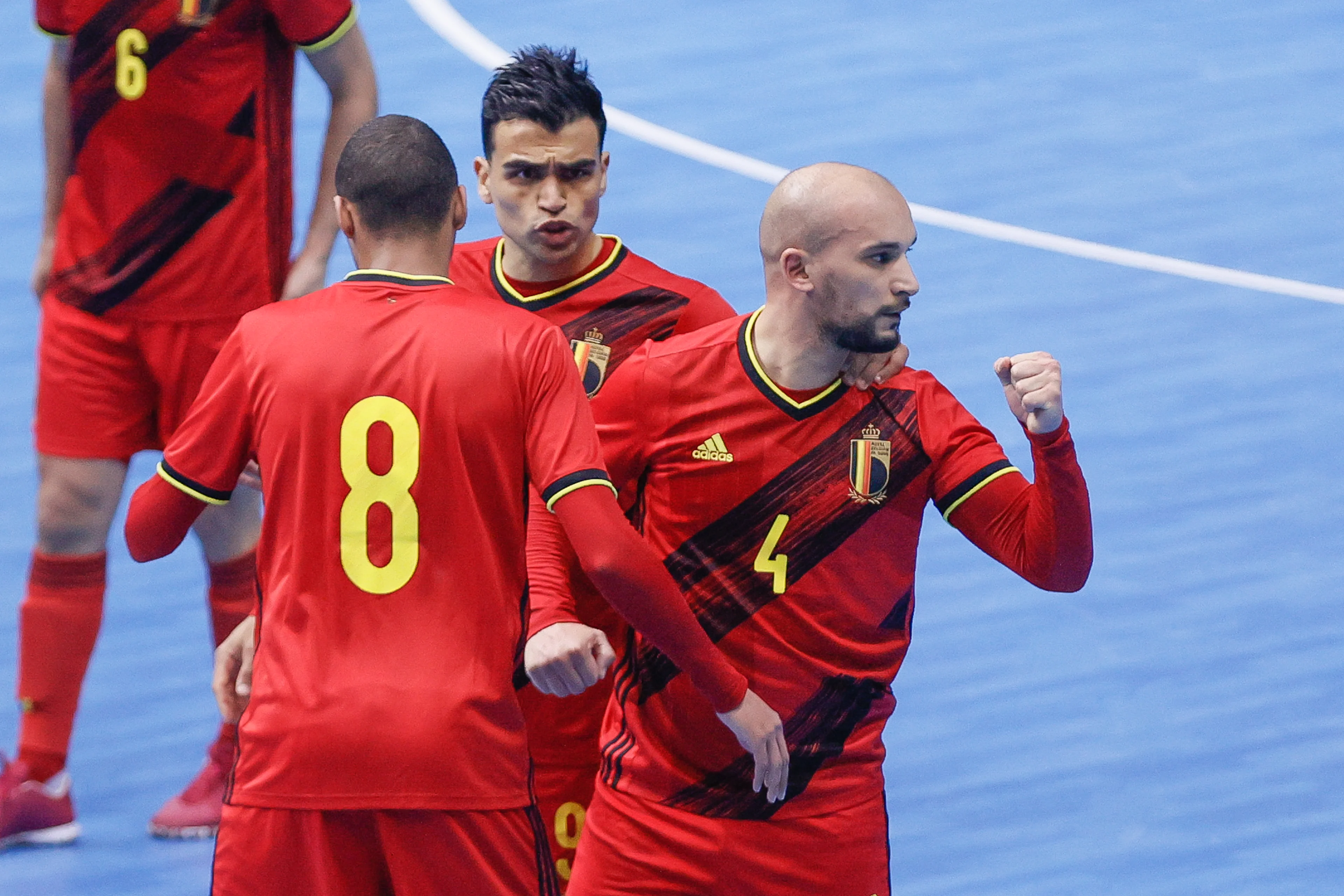 Belgium's Omar Rahou celebrates after scoring during a futsal game between the national teams of Belgium and Italy, Thursday 08 April 2021 in Angleur, Liege, match 5/6 in group 7 of the qualifications for the Euro 2022 tournament. BELGA PHOTO BRUNO FAHY