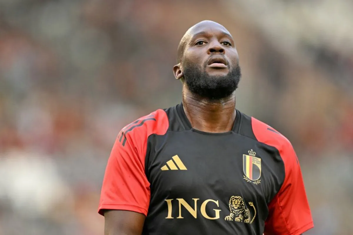 Belgium's forward #10 Romelu Lukaku kicks looks on during the warm up ahead of the FIFA World Cup 2026 Group J European qualification football match between Belgium and Wales at the King Baudouin Stadium in Brussels, on June 9, 2025. NICOLAS TUCAT / AFP