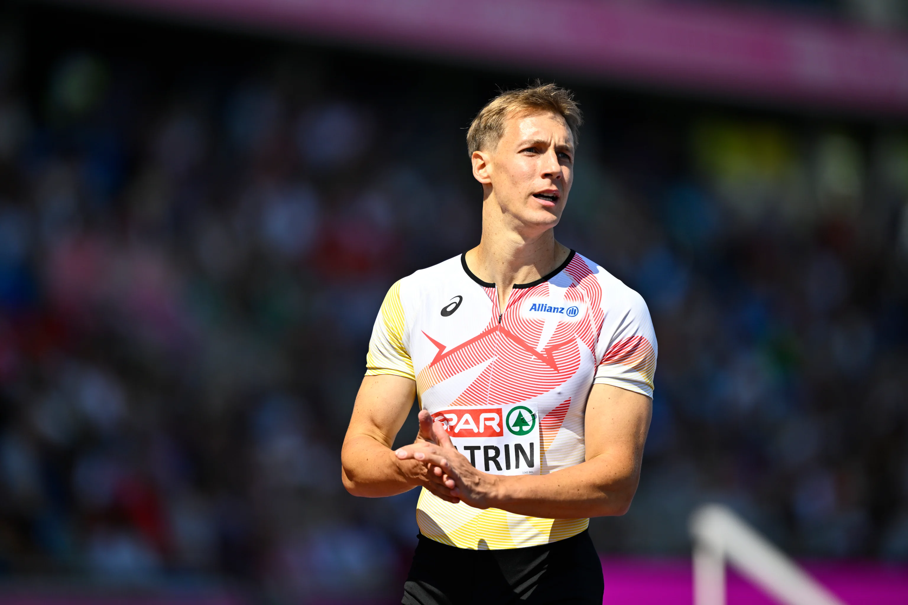 Belgian athlete Julien Watrin pictured in action during the heats in the first round of the men's 400m hurdles race, at on the second day of the European Athletics Championships (August 10-18) in Birmingham, United Kingdom, on Tuesday 11 August 2026. BELGA PHOTO ERIC LALMAND
